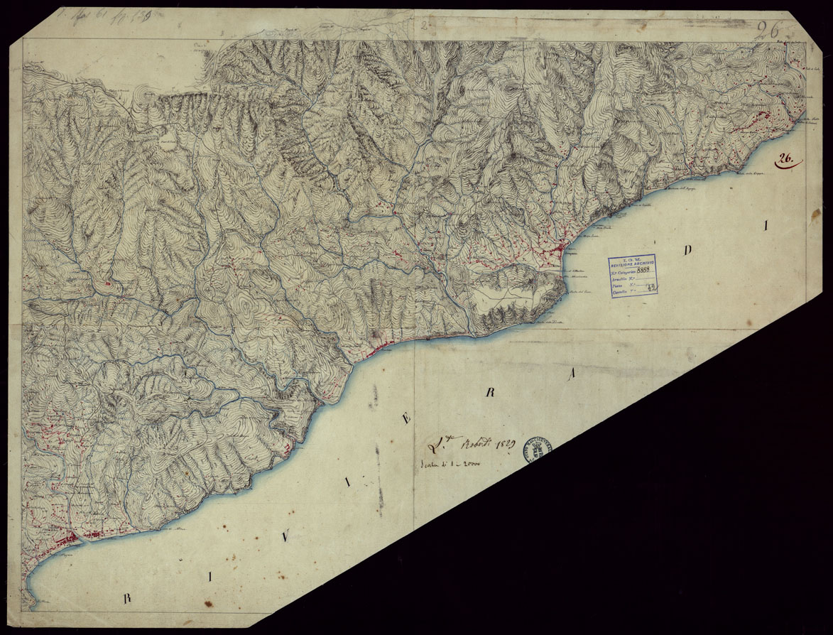 (N:15380) RICOGNIZIONI ESEGUITE ALLA SCALA DI 1/20.000 CHE COMPRENDANO LE DUE RIVIERE DEGLI EX STATI SARDI E PARTE DELLE ATTUALI PROVINCIE DI ALESSANDRIA  E DI PAVIA - FOGLIO 26. (CA002657) Carte e stampe antiche: riproduzione a colori su carta (formato A1)