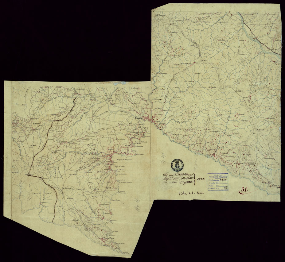 (N:15385) RICOGNIZIONI ESEGUITE ALLA SCALA DI 1/20.000 CHE COMPRENDANO LE DUE RIVIERE DEGLI EX STATI SARDI E PARTE DELLE ATTUALI PROVINCIE DI ALESSANDRIA  E DI PAVIA - FOGLIO 31. (CA002662) Carte e stampe antiche: riproduzione a colori su carta (formato A1)