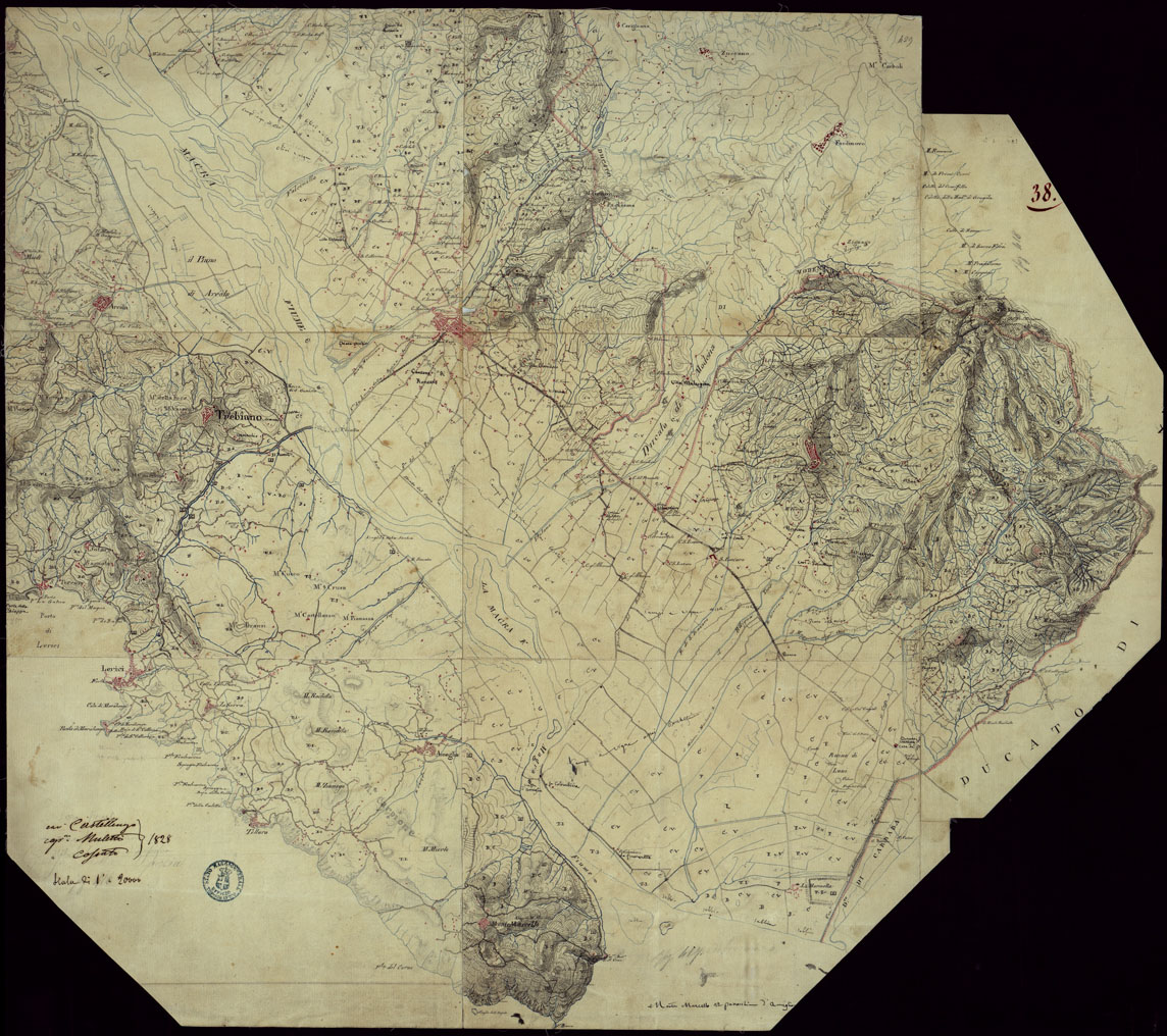 (N:15393) RICOGNIZIONI ESEGUITE ALLA SCALA DI 1/20.000 CHE COMPRENDANO LE DUE RIVIERE DEGLI EX STATI SARDI E PARTE DELLE ATTUALI PROVINCIE DI ALESSANDRIA  E DI PAVIA - FOGLIO 38. (CA002669) Carte e stampe antiche: riproduzione a colori su carta (formato A1)