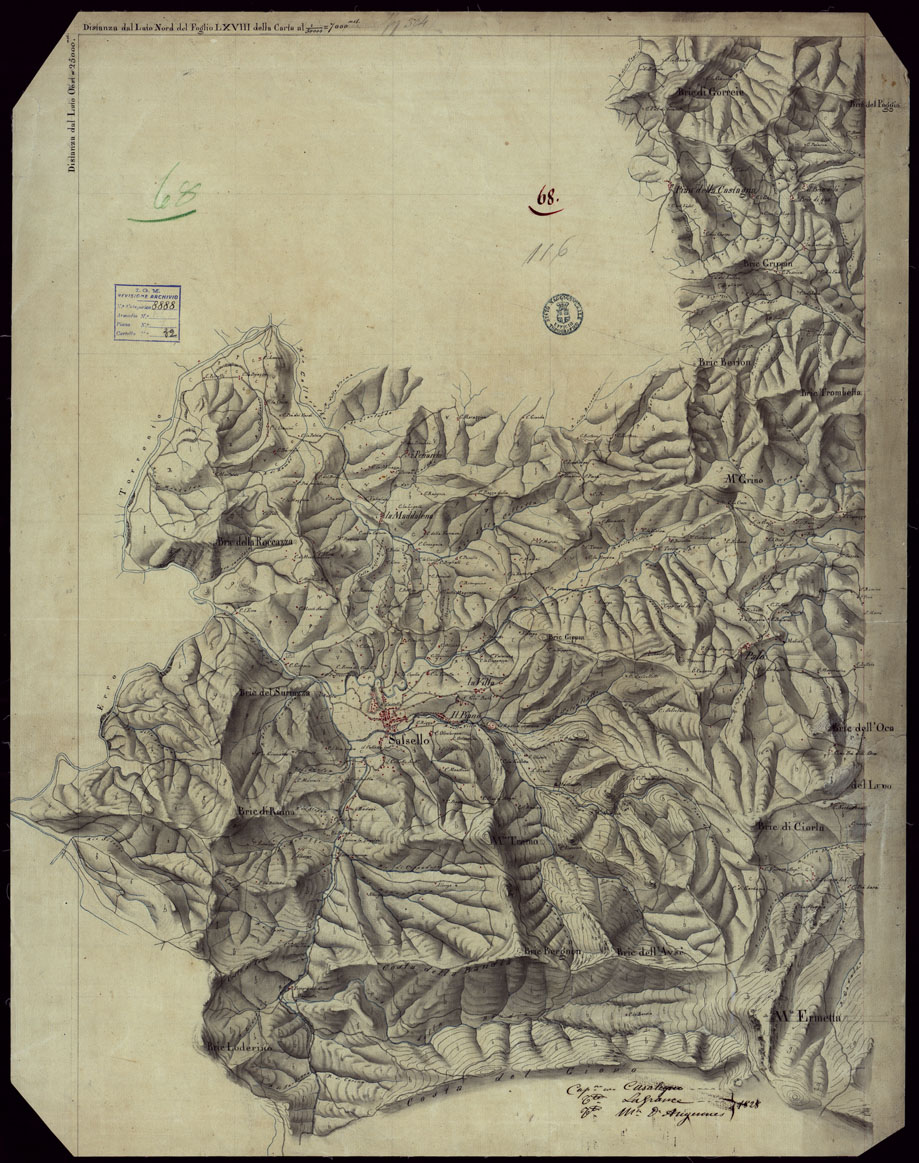 (N:15423) RICOGNIZIONI ESEGUITE ALLA SCALA DI 1/20.000 CHE COMPRENDANO LE DUE RIVIERE DEGLI EX STATI SARDI E PARTE DELLE ATTUALI PROVINCIE DI ALESSANDRIA  E DI PAVIA - FOGLIO 68. (CA002700) Carte e stampe antiche: riproduzione a colori su carta (formato A1)