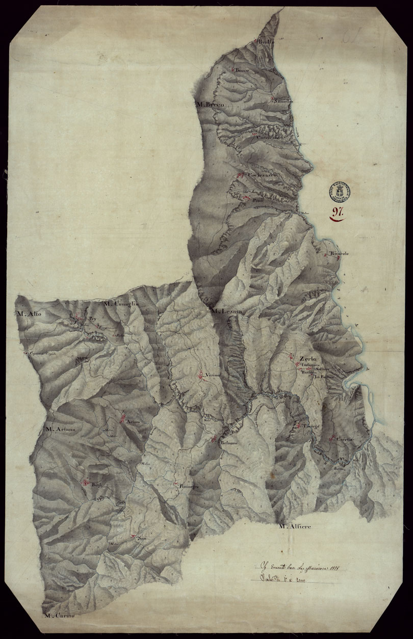 (N:15451) RICOGNIZIONI ESEGUITE ALLA SCALA DI 1/20.000 CHE COMPRENDANO LE DUE RIVIERE DEGLI EX STATI SARDI E PARTE DELLE ATTUALI PROVINCIE DI ALESSANDRIA  E DI PAVIA - FOGLIO 97. (CA002731) Carte e stampe antiche: riproduzione a colori su carta (formato A1)