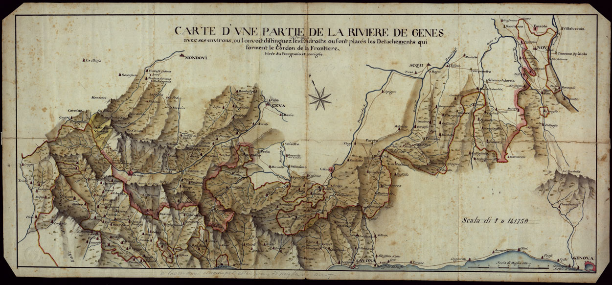 (N:8322) CARTE D'UNE PARTIE DE LA RIVIERE DE GENES AVEC SES ENVIRONS, OU L'ON VOIT DISTINGUEZ LES ENDROITS OU SONT PLACES LES DETACHEMENTS QUI FORMENT LE CORDON DE LA FRONTIERE TIREE DU BORGONIO ET CORRIGEE. (CA002905) Carte e stampe antiche: riproduzione a colori su carta (formato A1)