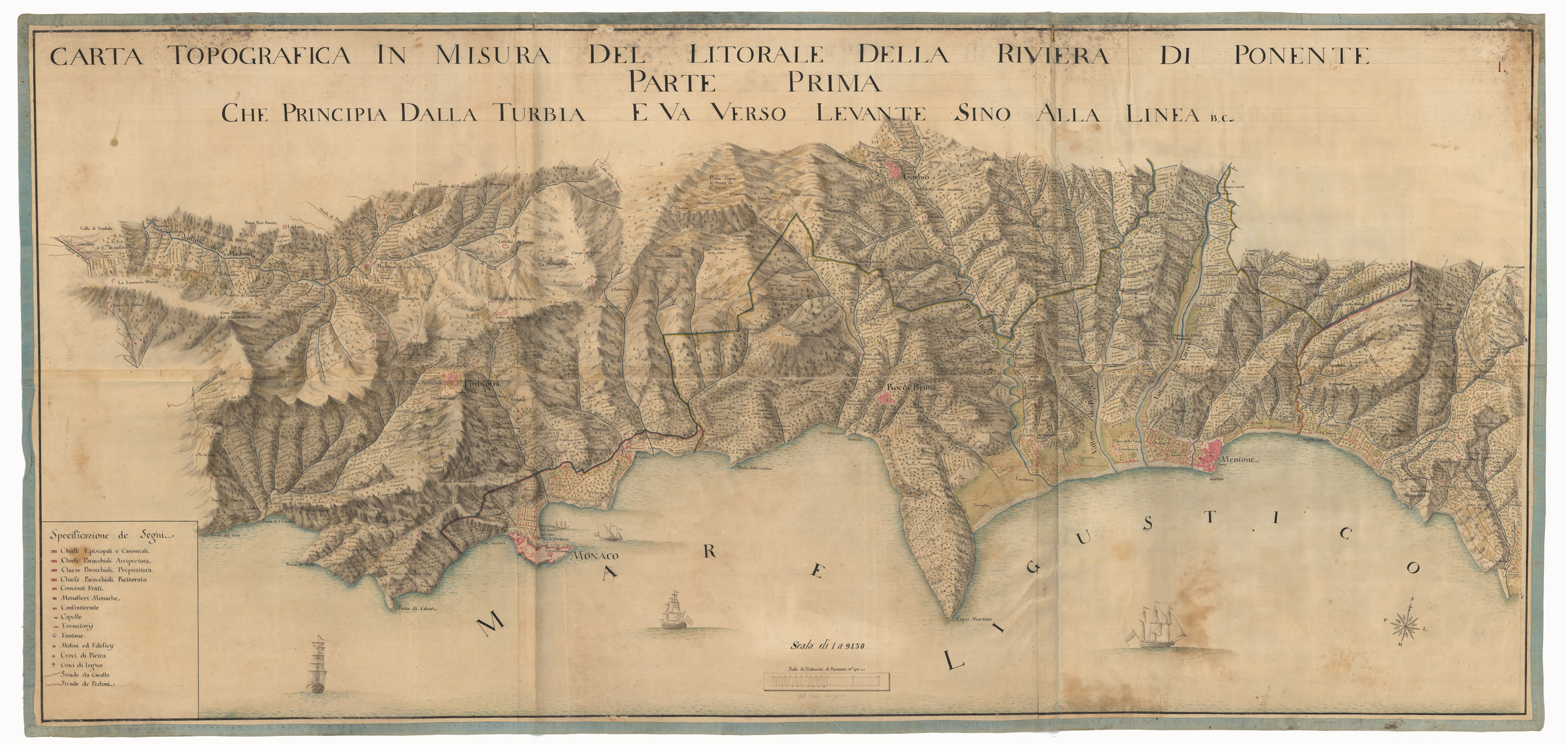 (N:8285) CARTA TOPOGRAFICA IN MISURA DEL LITORALE DELLA RIVERA DI PONENTE CHE PRINCIPIA DALLA TURBIA E VA VERSO LEVANTE SINO ALLA LINEA B,C, RIVIERA DI PONENTE - FOGLIO 1 - SEGNI CONVENZIONALI (CA002937, CA002938) Carte e stampe antiche: riproduzione a colori su carta (formato A1)