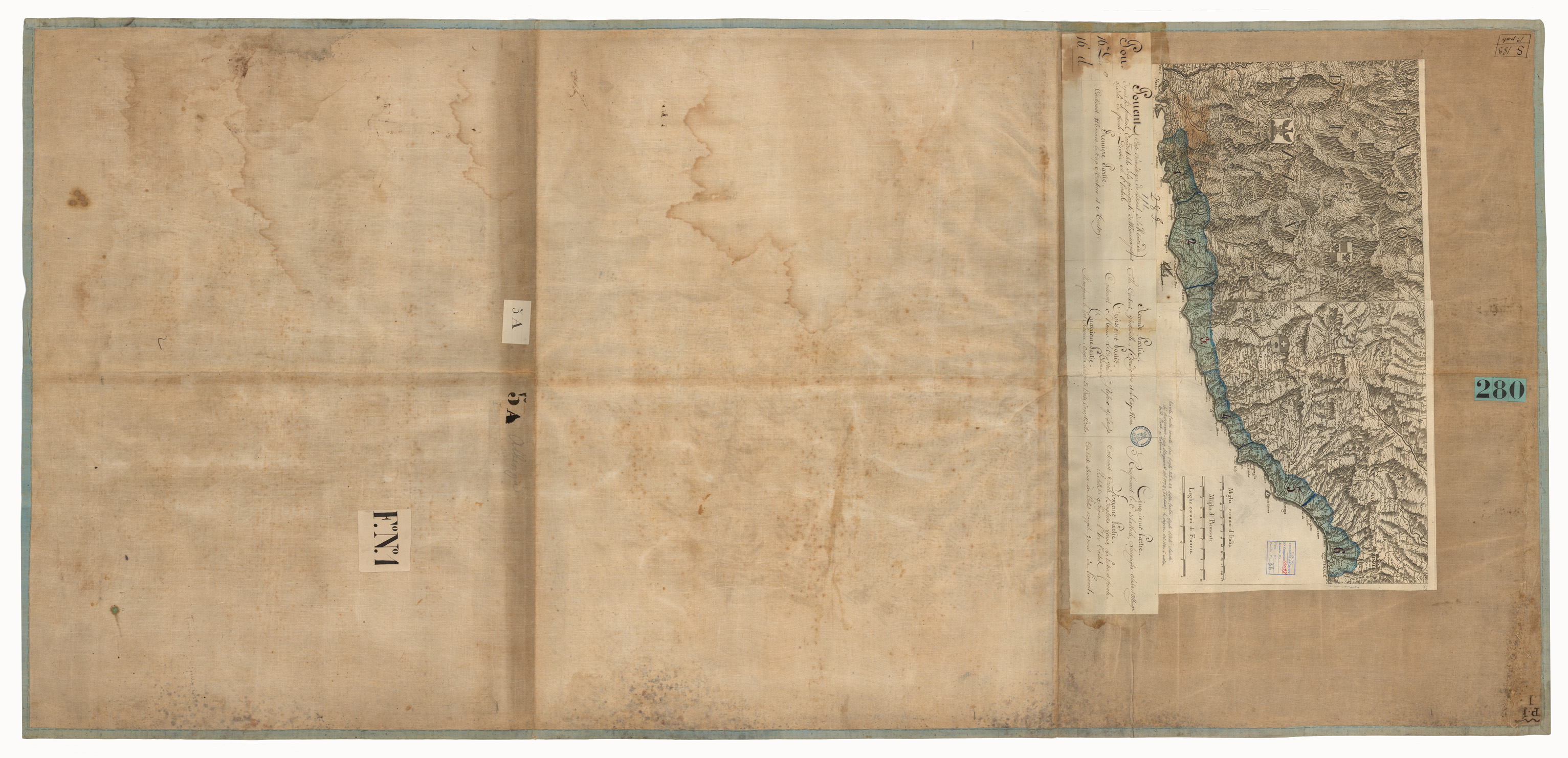 (N:8285) CARTA TOPOGRAFICA IN MISURA DEL LITORALE DELLA RIVERA DI PONENTE CHE PRINCIPIA DALLA TURBIA E VA VERSO LEVANTE SINO ALLA LINEA B,C, RIVIERA DI PONENTE - FOGLIO 1 - SEGNI CONVENZIONALI (CA002937, CA002938) Carte e stampe antiche: riproduzione a colori su carta (formato A1)