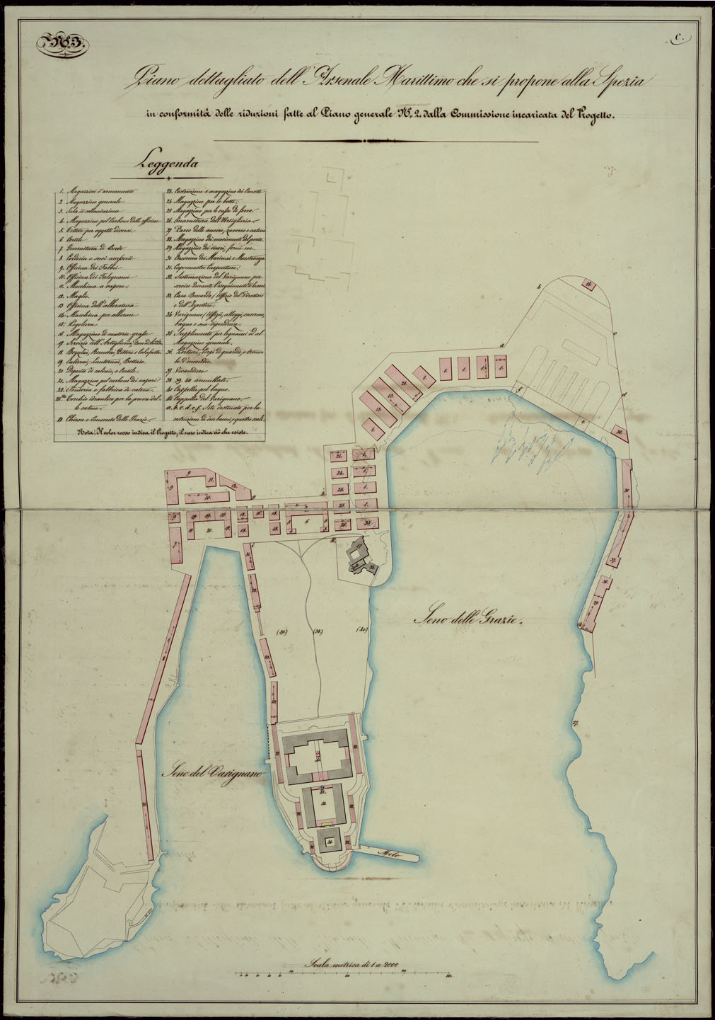 (N:23815) PIANO DETTAGLIATO DELL'ARSENALE MARITTIMO CHE SI PROPONE ALLA SPEZIA IN CONFORMITA' DELLE RIDUZIONI FATTE AL PIANO GENERALE N.2 DALLA COMMISSIONE INCARICATA DEL PROGETTO. (CA003003) Carte e stampe antiche: riproduzione a colori su carta (formato A1)