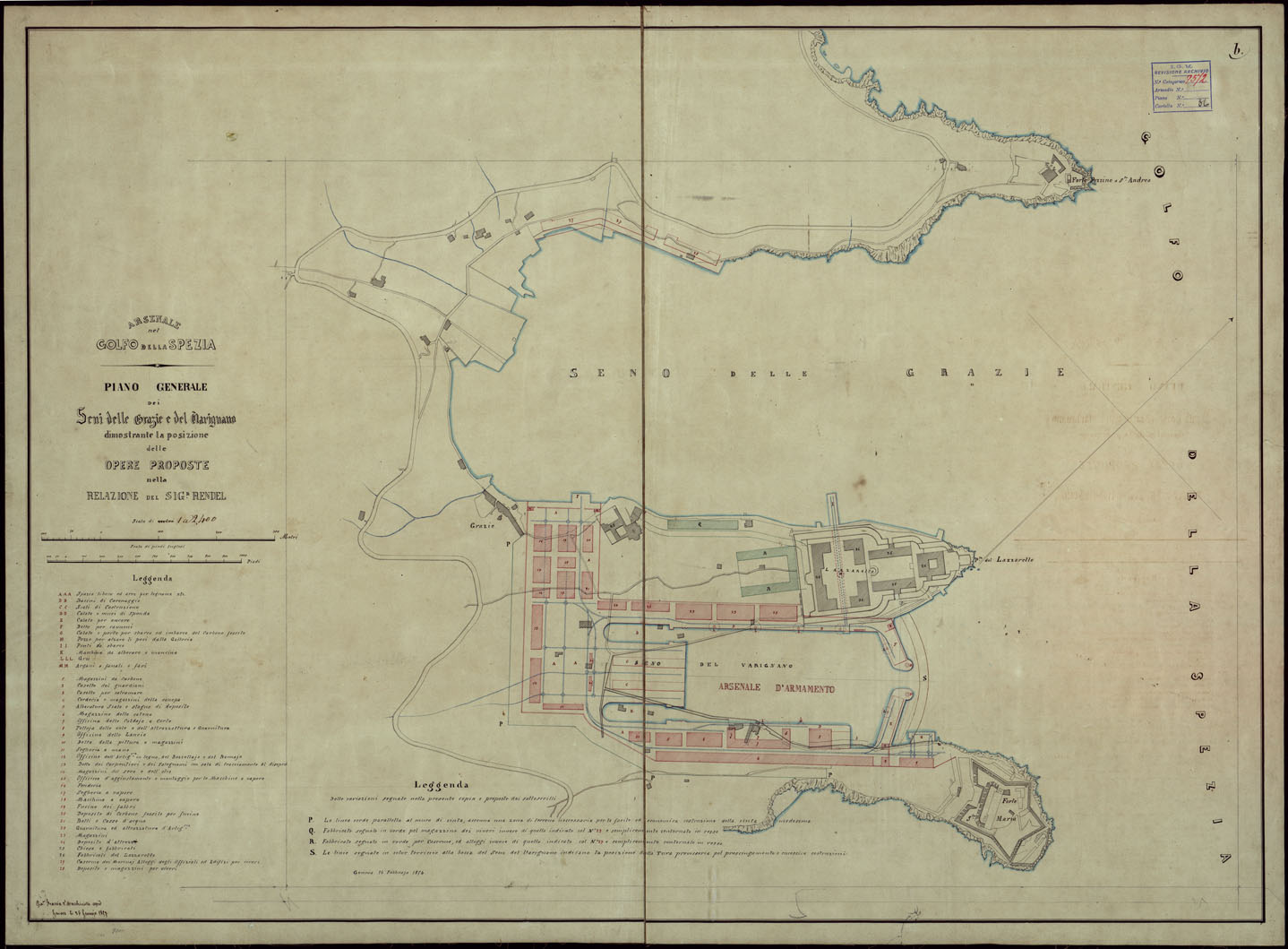 (N:23818) ARSENALE NEL GOLFO DELLA SPEZIA PIANO GENERALE DEI SENI DELLE GRAZIE E DEL NAVIGNANO DIMOSTRANTE LA POSIZIONE DELLE OPERE PROPOSTE NELLA RELAZIONE DEL SIG.R RENDEL (CA003006) Carte e stampe antiche: riproduzione a colori su carta (formato A1)