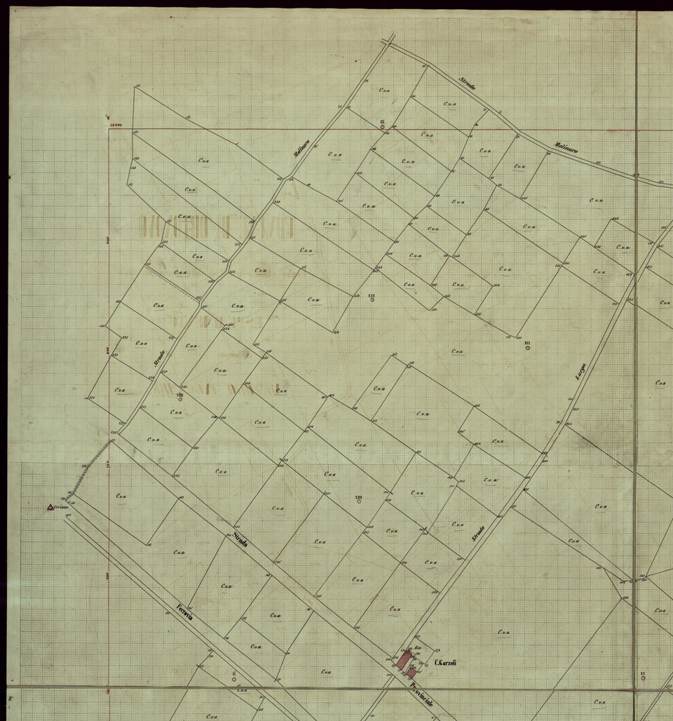 (N:12108) COMUNE DI ORTONOVO - FOGLIO CHILOMETRICO 11-15 ALLA SCALA DI 1 1.000 ESPERIMENTO DI RILEVAMENTO PARCELLARE COL METODO ANGOLARE. (CA003078, CA003079, CA003080, CA003081) Carte e stampe antiche: riproduzione a colori su carta (formato A1)
