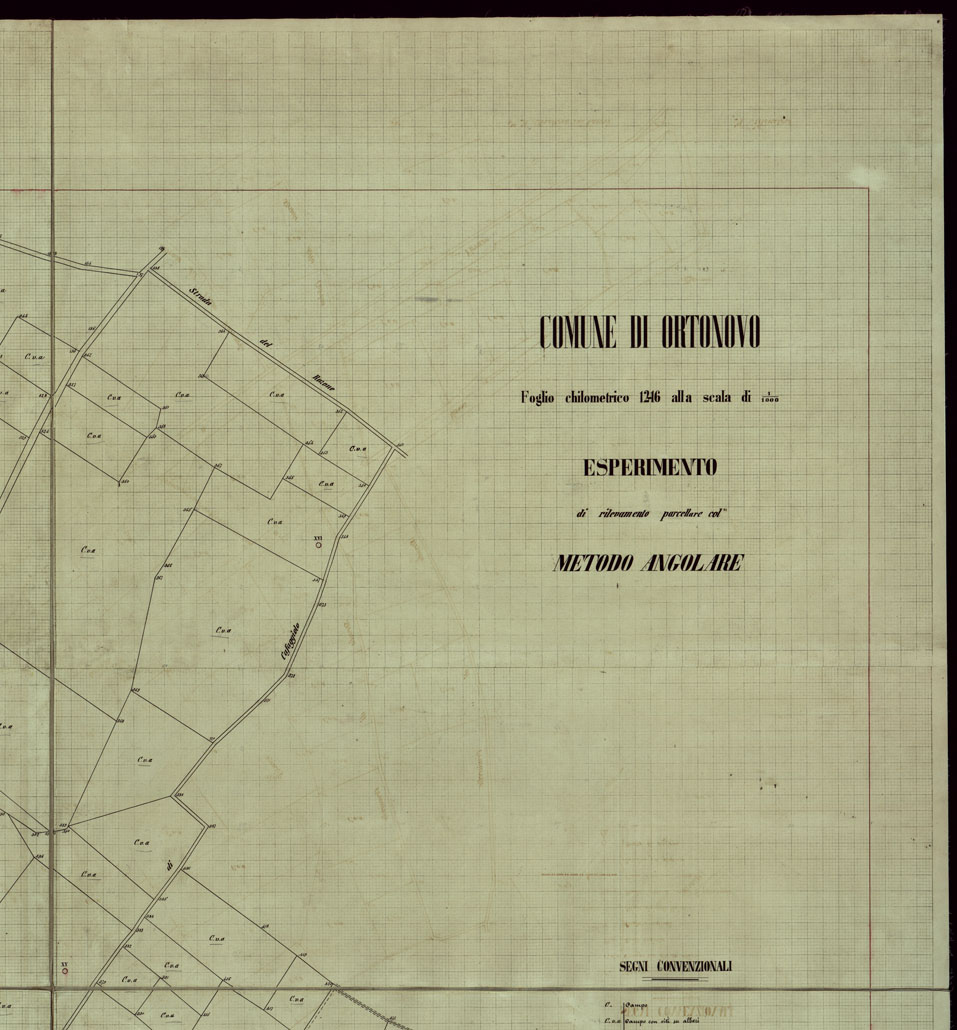 (N:12108) COMUNE DI ORTONOVO - FOGLIO CHILOMETRICO 11-15 ALLA SCALA DI 1 1.000 ESPERIMENTO DI RILEVAMENTO PARCELLARE COL METODO ANGOLARE. (CA003078, CA003079, CA003080, CA003081) Carte e stampe antiche: riproduzione a colori su carta (formato A1)