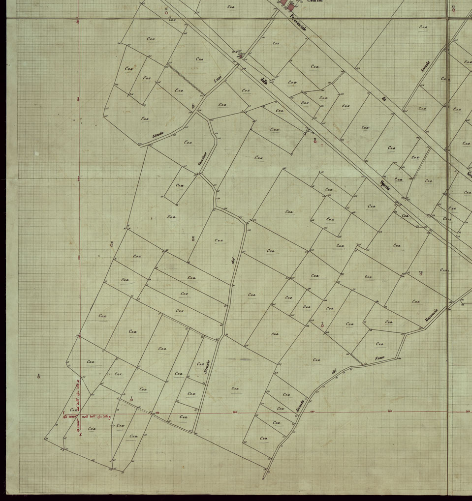 (N:12108) COMUNE DI ORTONOVO - FOGLIO CHILOMETRICO 11-15 ALLA SCALA DI 1 1.000 ESPERIMENTO DI RILEVAMENTO PARCELLARE COL METODO ANGOLARE. (CA003078, CA003079, CA003080, CA003081) Carte e stampe antiche: riproduzione a colori su carta (formato A1)