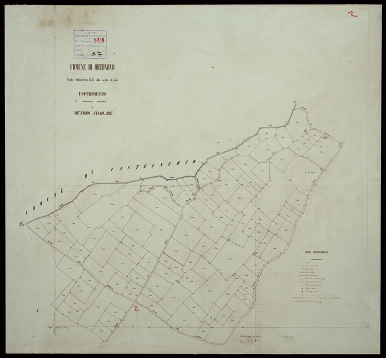 (N:23824) COMUNE DI ORTONOVO FOGLIO CHILOMETRICO 12-15 ALLA SCALA DI 1:2.500 ESPERIMENTO DI RILEVAMENTO PARCELLARE COL METODO ANGOLARE. (CA003095) Carte e stampe antiche: riproduzione a colori su carta (formato A1)