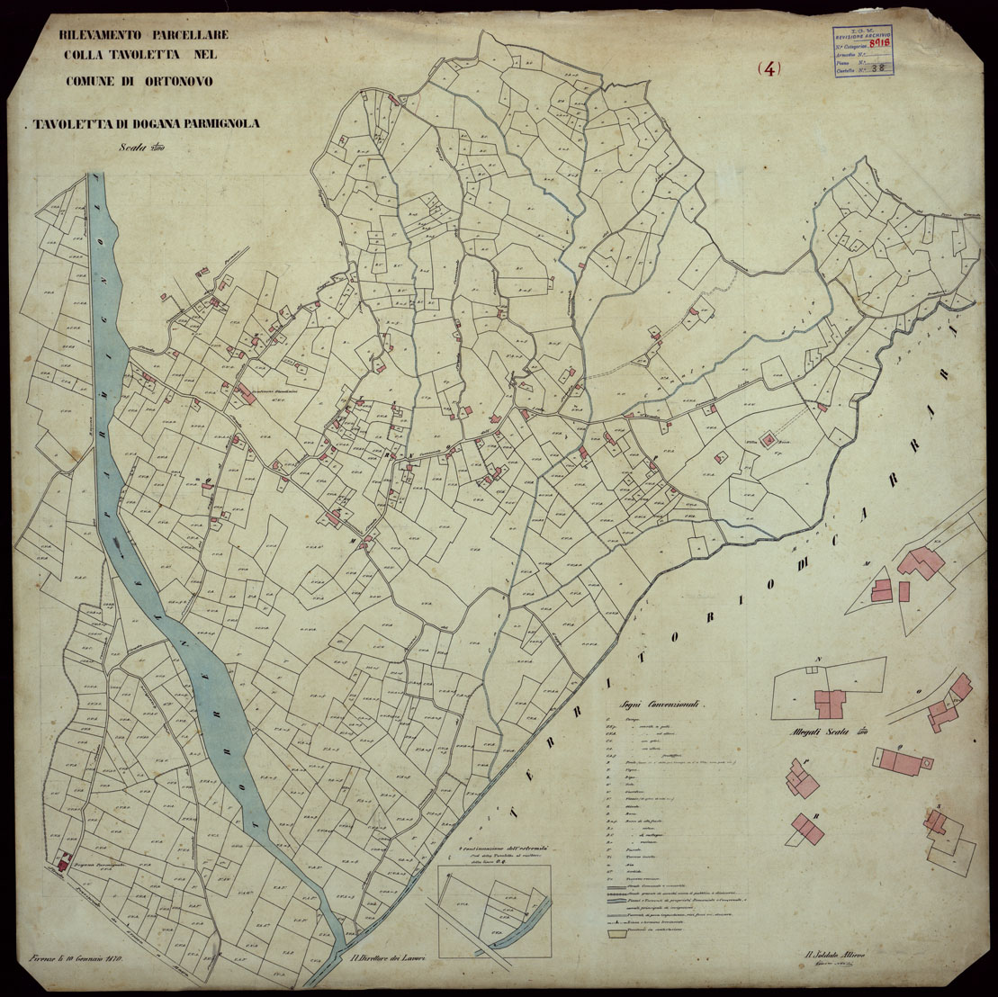 (N:1111) RILEVAMENTO PARCELLARE COLLA TAVOLETTA NEL COMUNE DI ORTONOVO - DOGANA PARMIGNOLA (CA003128) Carte e stampe antiche: riproduzione a colori su carta (formato A1)