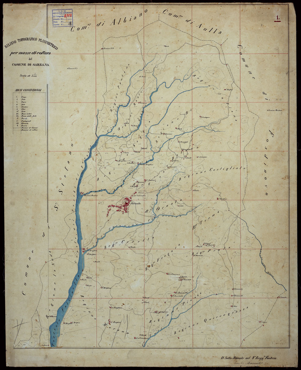 (N:15317) RILIEVO TOPOGRAFICO PLANIMETRICO PER MASSE DI COLTURA DEL COMUNE DI SARZANA - TAVOLETTAZ N.1 (CA003143) Carte e stampe antiche: riproduzione a colori su carta (formato A1)