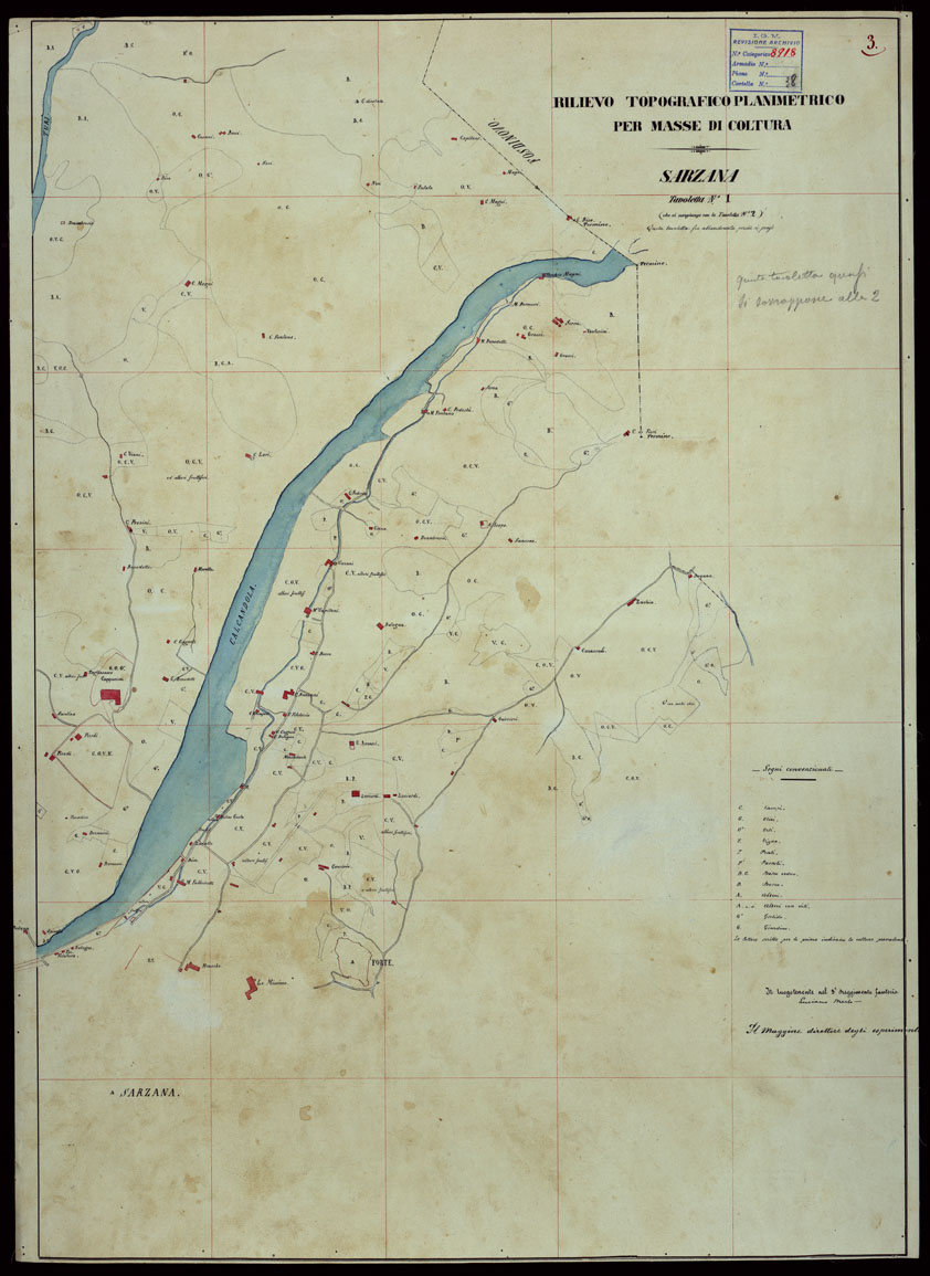 (N:15322) RILIEVO TOPOGRAFICO PLANIMETRICO PER MASSE DI COLTURA SARZANA - TAVOLETTA N. 1 (CA003145) Carte e stampe antiche: riproduzione a colori su carta (formato A1)