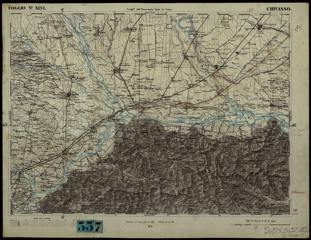 (N:23880) COMPAGNIA GENERALE DEI CANALI D'IRRIGAZIONE ITALIANI (CANALE CAVOUR) PROGETTO DI DIRAMAZIONE DELLE ACQUE DEL CANALE CAVOUR A BENEFICIO DELLA REGIONE  COMPRESA FRA L'AGOGNA ED ILTICINO - FOGLIO XLVI CHIVASSO. (CA003180) Carte e stampe antiche: riproduzione a colori su carta (formato A1)