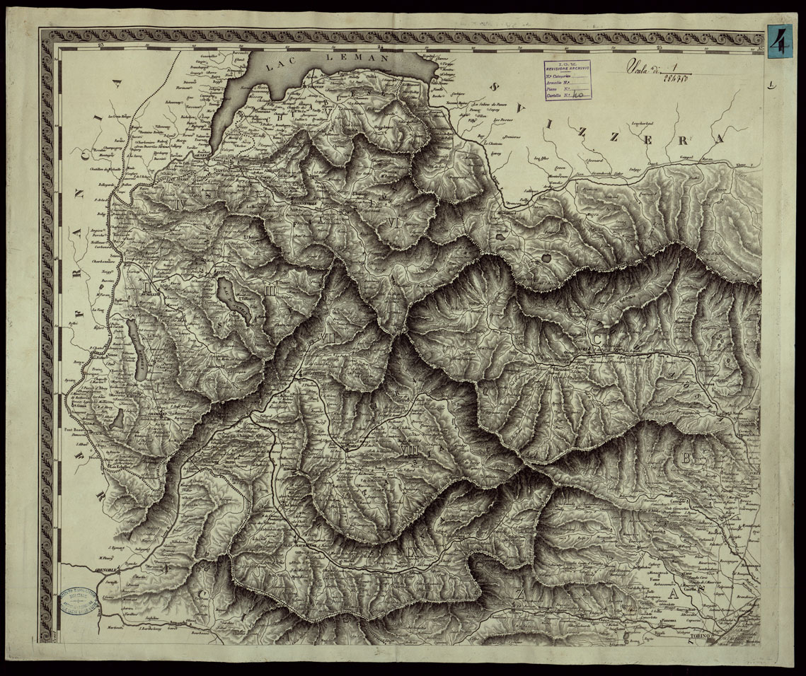 (N:13957) CARTA COROGRAFICA DEGLI STATI DI TERRA FERMA DI S.M. IL RE DI SARDEGNA DIVISA IN PROVINCIE E IN CANTONI DE' MANDAMENTI SECONDO LA RECENTE FISSAZIONE FATTANE CO' REGI EDITTI. - FOGLIO 1 (CA003234) Carte e stampe antiche: riproduzione a colori su carta (formato A1)