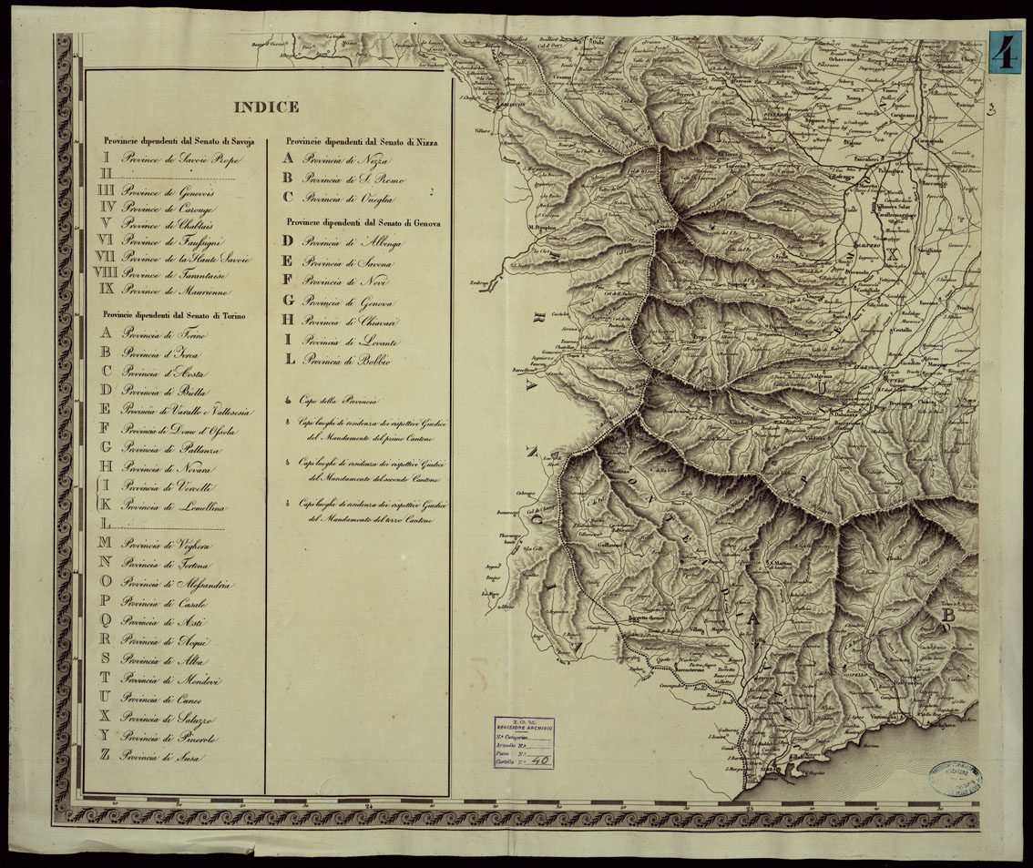 (N:14172) CARTA COROGRAFICA DEGLI STATI DI TERRA FERMA DI S.M. IL RE DI SARDEGNA DIVISA IN PROVINCIE E IN CANTONI DE' MANDAMENTI SECONDO LA RECENTE FISSAZIONE FATTANE CO' REGI EDITTI. - FOGLIO 3 (CA003236) Carte e stampe antiche: riproduzione a colori su carta (formato A1)