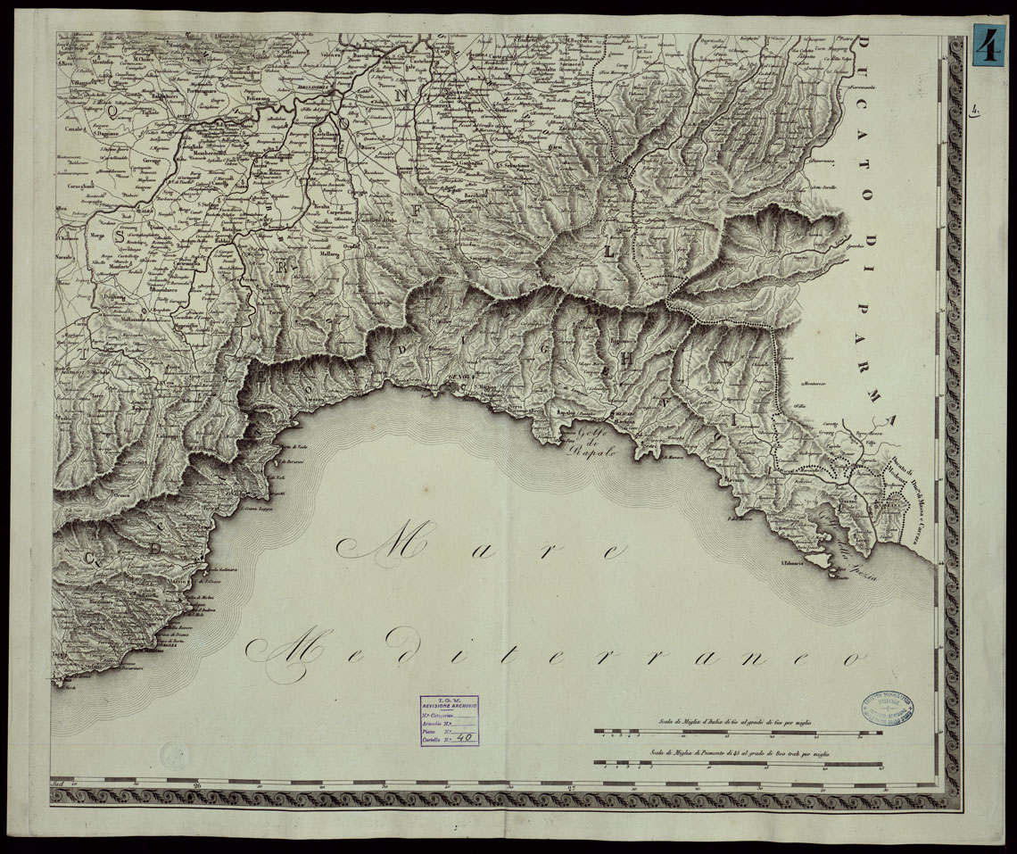 (N:14171) CARTA COROGRAFICA DEGLI STATI DI TERRA FERMA DI S.M. IL RE DI SARDEGNA DIVISA IN PROVINCIE E IN CANTONI DE' MANDAMENTI SECONDO LA RECENTE FISSAZIONE FATTANE CO' REGI EDITTI. - FOGLIO 4 (CA003237) Carte e stampe antiche: riproduzione a colori su carta (formato A1)