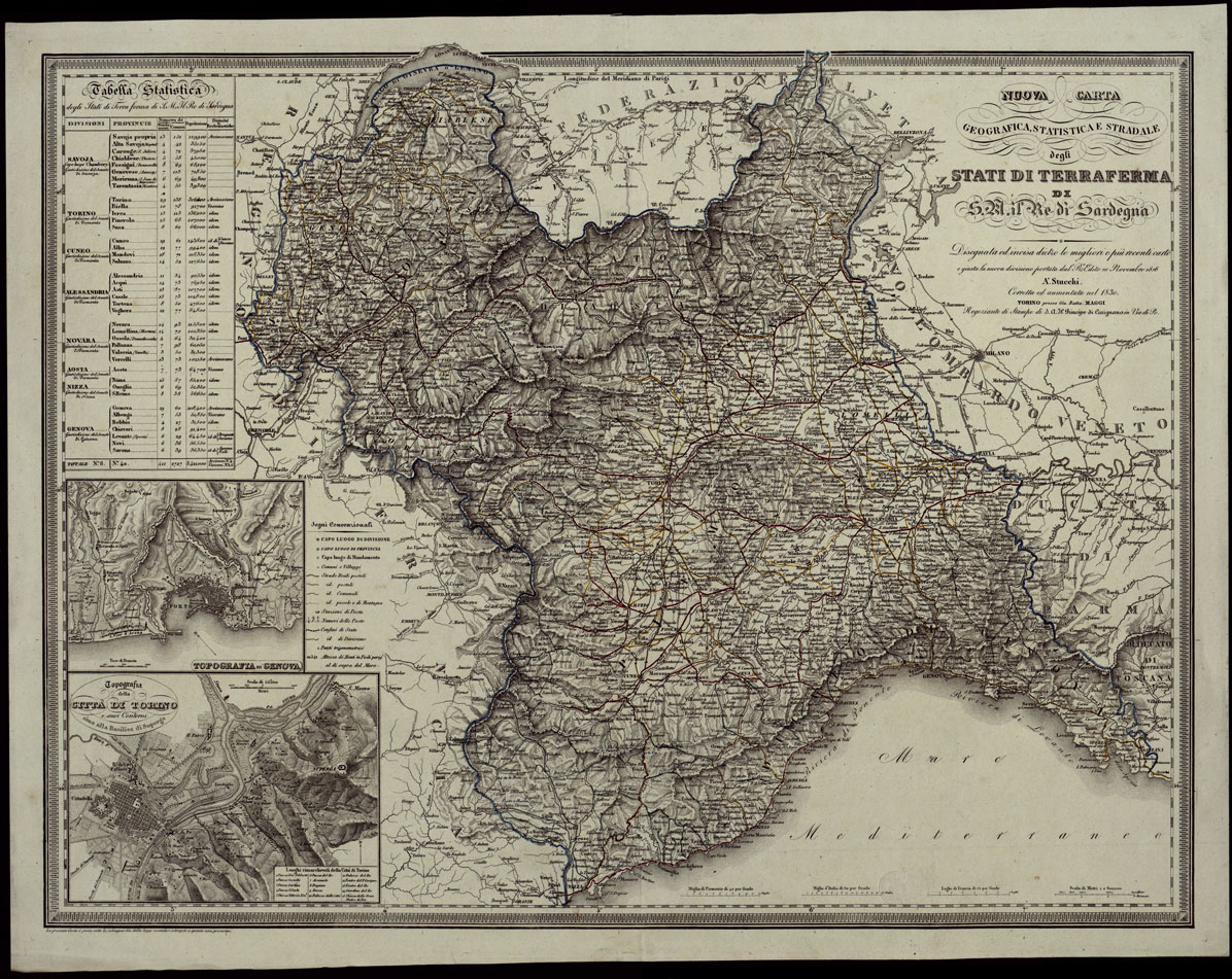 (N:24021) NUOVA CARTA GEOGRAFICA, STATISTICA E STRADALE DEGLI STATI DI TERRAFERMA  DI S.M. IL RE DI SARDEGNA. (CA003243, CA003244, CA003245, CA003246) Carte e stampe antiche: riproduzione a colori su carta (formato A1)