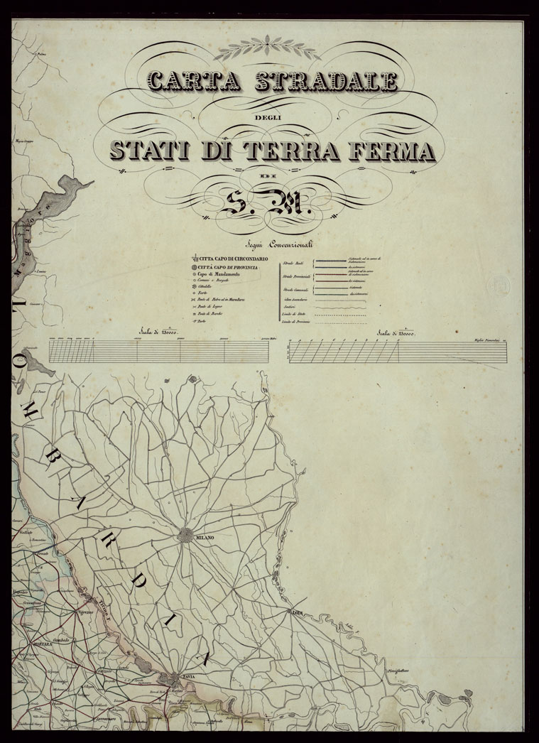 (N:24114) CARTA STRADALE DEGLI STATI DI TERRA FERMA DI S.M. - TITOLO (CA003250) Carte e stampe antiche: riproduzione a colori su carta (formato A1)