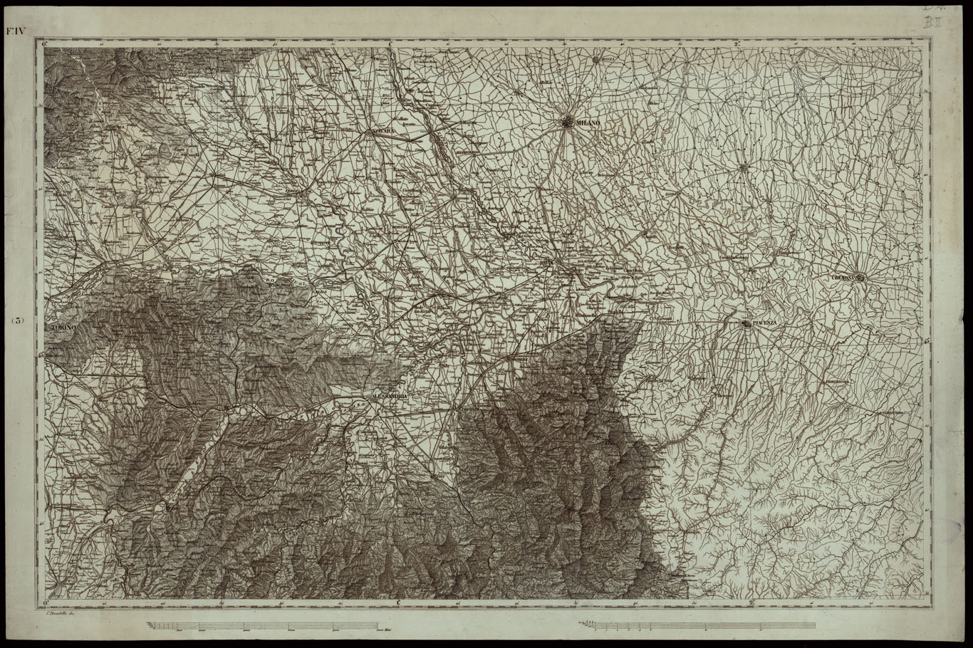 (N:24186) CONTINUAZIONE AD ORIENTE DELLA CARTA DEGLI EX-STATI SARDI AL 250.000 FOGLI B 1 E 2 C 1 e 2 INCISA LA SEMPLICE DELINEAZIONE E POCA SCRITTURA - FOGLIO IV. (CA003297) Carte e stampe antiche: riproduzione a colori su carta (formato A1)