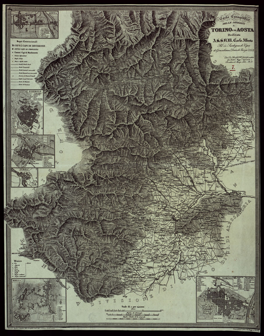 (N:23931) CARTA COROGRAFICA DELLE DIVISIONI DI TORINO E DI AOSTA DEDICATA A.S.S.R.M. CARLO ALBERTO RE DI SARDEGNA DI CIPRO, DI GERUSALEMME, DUCA DI SAVOIA ECC, DA SUO UMILISS. OBBL. FEDELISS. SUDDITO GIO BATTA MAGGI NEGOZIANTE E PROVEDITORE DI STAMPA DELLA M.S. (CA003325) Carte e stampe antiche: riproduzione a colori su carta (formato A1)