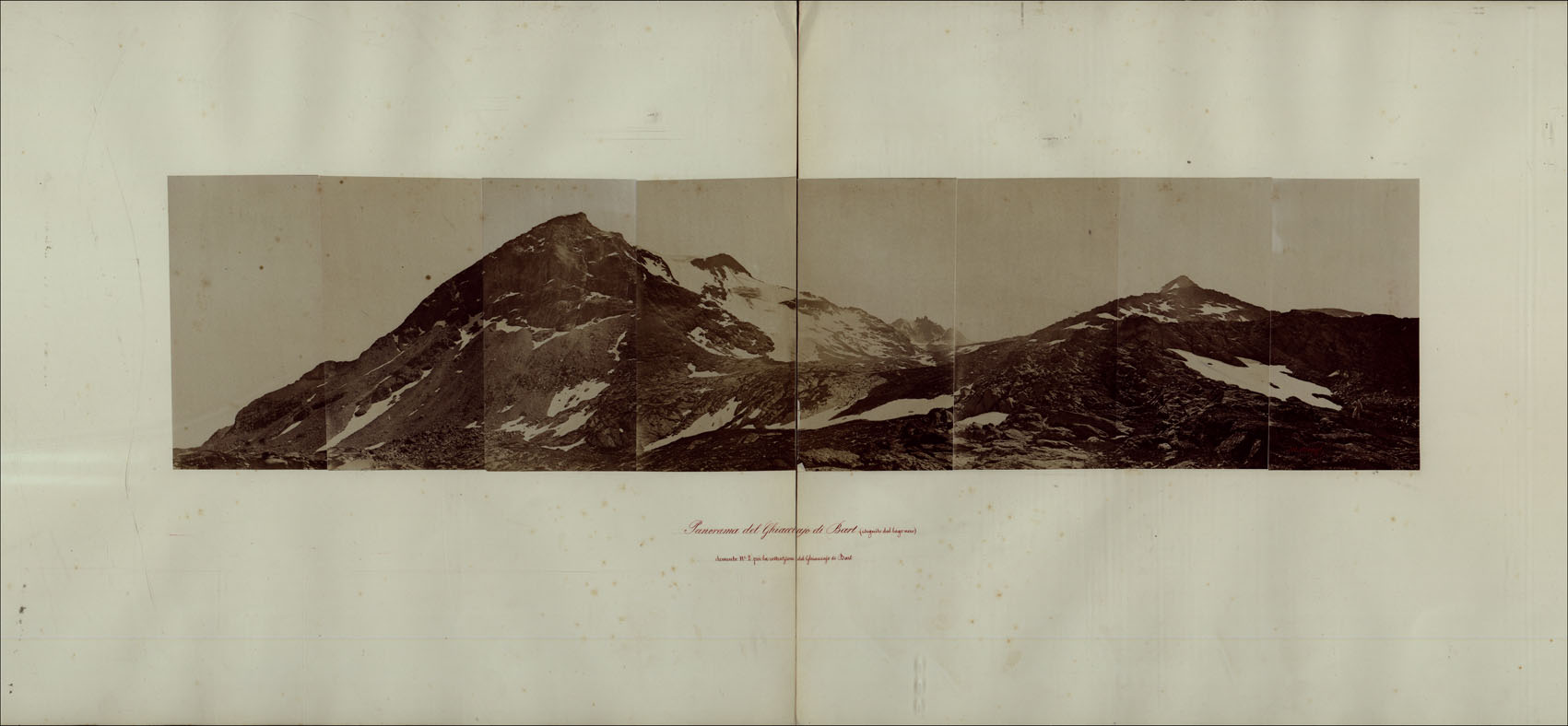 (N:23985) TRENTADUE PANORAMI FOTOGRAFICI ESEGUITI DAL TENENTE DI STATO MAGGIORE SIG. MANZI NEL 1876, PER STUDI SULLA FOTOTOPOGRAFIA - PANORAMA DEL GHIACCIAJO DI BART (ESEGUITO DAL LAGO) ELEMENTO N. 2 PER LA COSTRUZIONE DEL GHIACCIAJO BART. (CA003473) Carte e stampe antiche: riproduzione a colori su carta (formato A1)