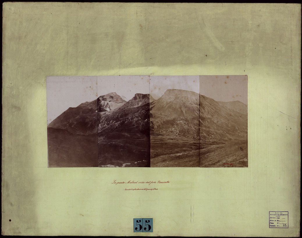 (N:23988) TRENTADUE PANORAMI FOTOGRAFICI ESEGUITI DAL TENENTE DI STATO MAGGIORE SIG. MANZI NEL 1876, PER STUDI SULLA FOTOTOPOGRAFIA - LA PUNTA MALMOT VISTA DAL FORTE VARRISELLA ELEMENTO N.3 PER LA COSTRUZIONE DEL GHIACCIAJO DI BART. (CA003476) Carte e stampe antiche: riproduzione a colori su carta (formato A1)