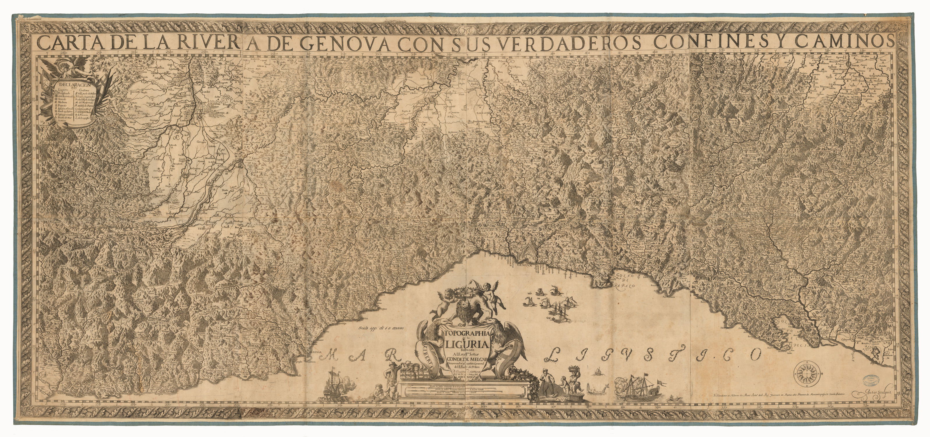 (N:1361) CARTA DE LA RIVERA DE GENOVA CON SUS VERDADEROS CONFINES Y CAMINOS TOPOGRAPHIA DE LA LIGURIA DEDICADA A LCELL.MO SENOR CONDE DE MELGAR GOVERNADORY CAPITAN GENERAL DEL ESTADO DE MILAN POR D. JOSEPH CHAFRION ING. DEL EX QHIZOY DEL MDCLXXXV - PARTE 1-2-3 (CA003505) Carte e stampe antiche: riproduzione a colori su carta (formato A1)