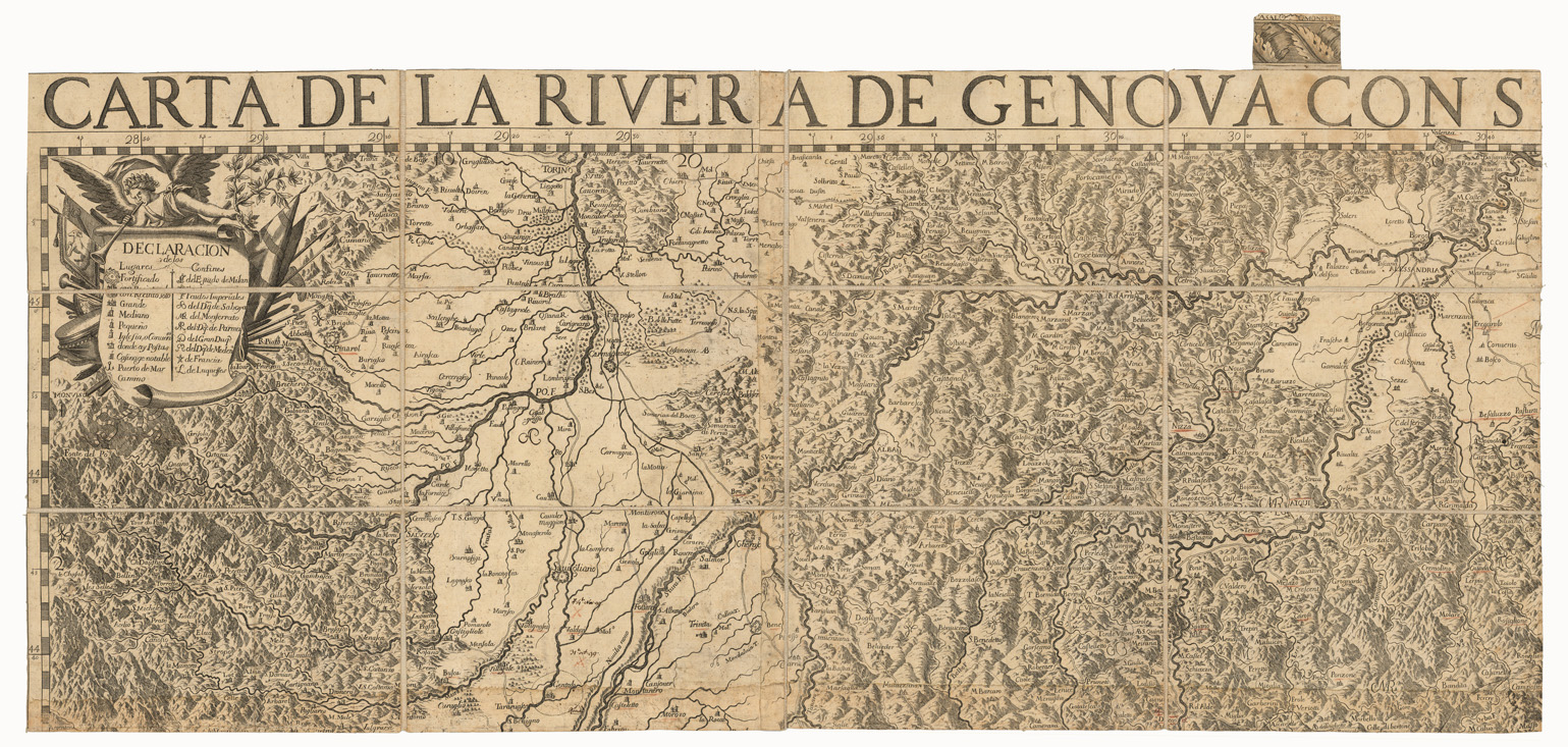 (N:24016) CARTA DE LA RIVERA DE GENOVA CON SUS VERDADEROS CONFINES Y CAMINOS TOPOGRAPHIA DE LA LIGURIA DEDICADA A LCELL.MO SENOR CONDE DE MELGAR GOVERNADORY CAPITAN GENERAL DEL ESTADO DE MILAN POR D. JOSEPH CHAFRION ING. DEL EX QHIZOY DEL MDCLXXXV - FOGLIO 1 (CA003508) Carte e stampe antiche: riproduzione a colori su carta (formato A1)