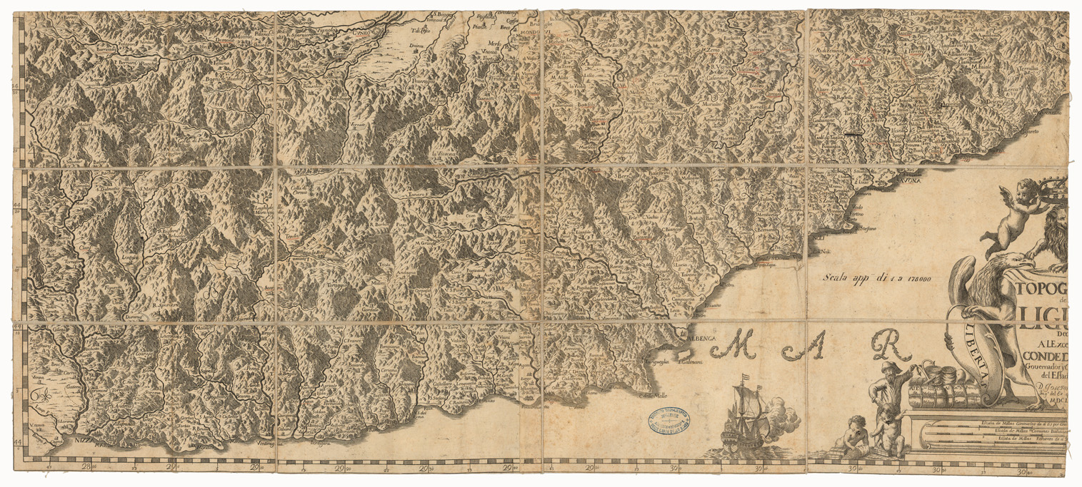 (N:24018) CARTA DE LA RIVERA DE GENOVA CON SUS VERDADEROS CONFINES Y CAMINOS TOPOGRAPHIA DE LA LIGURIA DEDICADA A LCELL.MO SENOR CONDE DE MELGAR GOVERNADORY CAPITAN GENERAL DEL ESTADO DE MILAN POR D. JOSEPH CHAFRION ING. DEL EX QHIZOY DEL MDCLXXXV - FOGLIO 3 (CA003510) Carte e stampe antiche: riproduzione a colori su carta (formato A1)