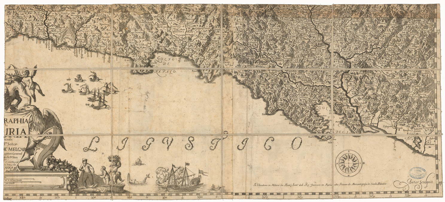 (N:24019) CARTA DE LA RIVERA DE GENOVA CON SUS VERDADEROS CONFINES Y CAMINOS TOPOGRAPHIA DE LA LIGURIA DEDICADA A LCELL.MO SENOR CONDE DE MELGAR GOVERNADORY CAPITAN GENERAL DEL ESTADO DE MILAN POR D. JOSEPH CHAFRION ING. DEL EX QHIZOY DEL MDCLXXXV - FOGLIO 4 (CA003511) Carte e stampe antiche: riproduzione a colori su carta (formato A1)