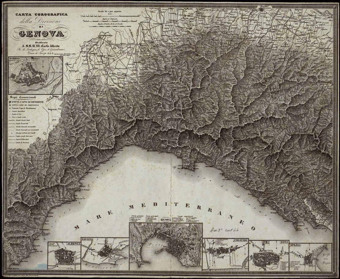 (N:823) CARTA COROGRAFICA DELLA DIVISIONE DI GENOVA DEDICATA A. S. S. R. M. CARLO ALBERTO RE DI SARDEGNA, DI CIPRO, DI GERUSALEMME, DUCA DI SAVOJA &.&.&. DAL SUO UMILISS OBBL. FEDELISS. SUDDITO GIO' BATTA MAGGI. (CA003544) Carte e stampe antiche: riproduzione a colori su carta (formato A1)