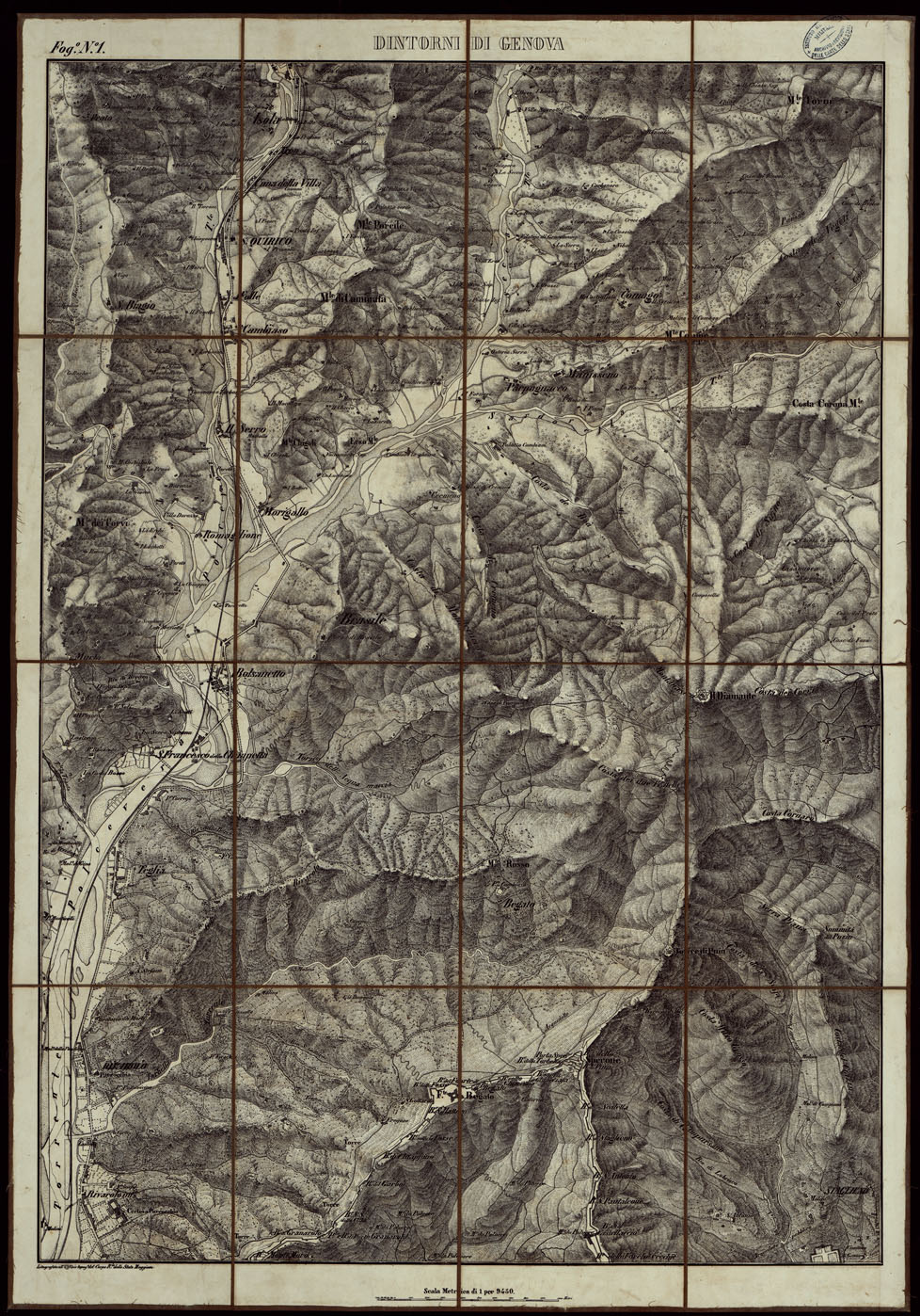 (N:24022) CARTA TOPOGRAFICA DEI DINTORNI DI GENOVA (PARTE NORD-EST) ALLA SCALA DI 1 al 9450 LITOGRAFIZZATA NEL 1851 - Fog. N.1. (CA003548) Carte e stampe antiche: riproduzione a colori su carta (formato A1)