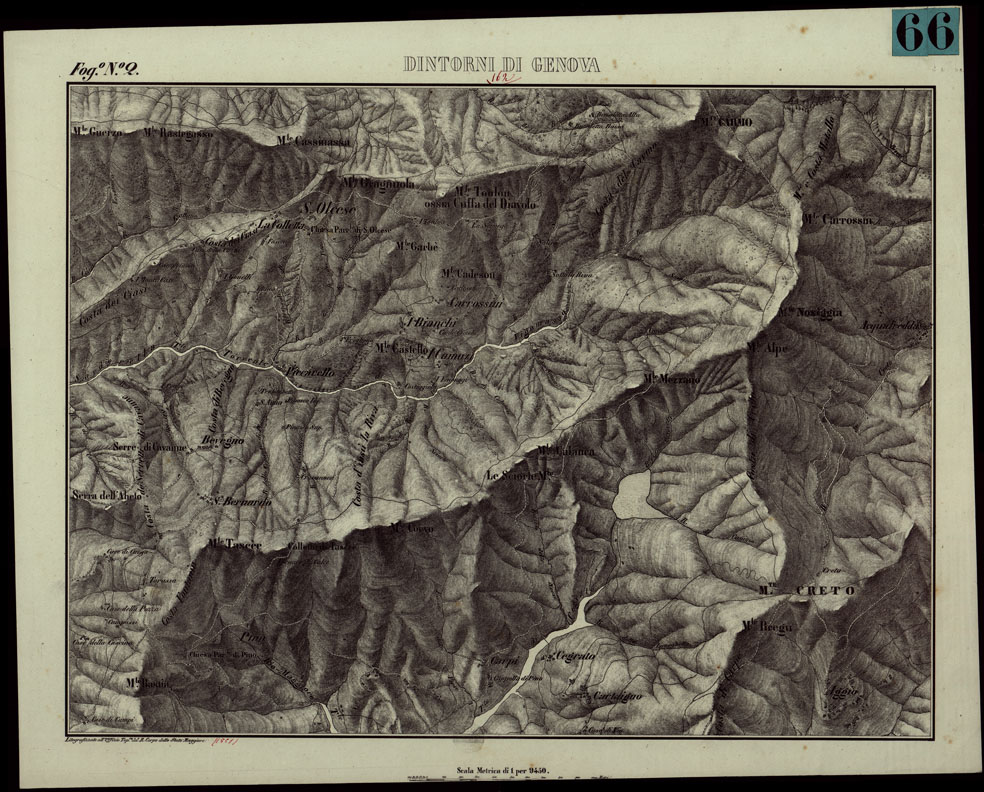 (N:6374) CARTA TOPOGRAFICA DEI DINTORNI DI GENOVA (PARTE NORD-EST) ALLA SCALA DI 1 al 9450 LITOGRAFIZZATA NEL 1851 - Fog. N.2. (CA003555) Carte e stampe antiche: riproduzione a colori su carta (formato A1)