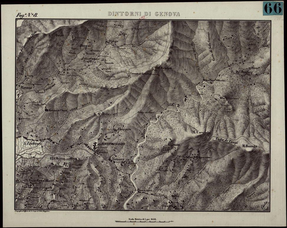 (N:6379) CARTA TOPOGRAFICA DEI DINTORNI DI GENOVA (PARTE NORD-EST) ALLA SCALA DI 1 al 9450 LITOGRAFIZZATA NEL 1851 - Fog. N.8 (CA003562) Carte e stampe antiche: riproduzione a colori su carta (formato A1)