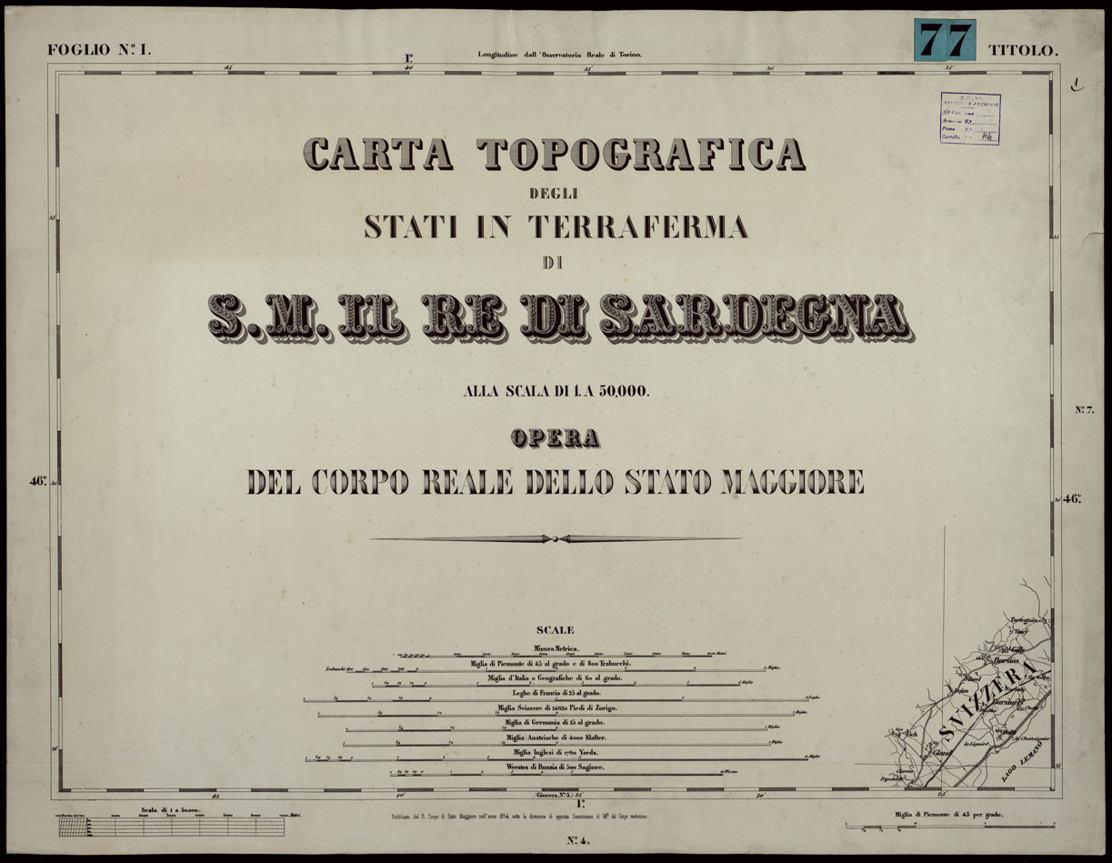 (N:24031) CARTA TOPOGRAFICA DEGLI STATI IN TERRAFERMA DI S.M. IL RE DI SARDEGNA ALLA SCALA DI 1A 50.000. OPERA DEL CORPO REALE DELLO STATO MAGGIORE - FOGLIO N.1 TITOLO (CA003592) Carte e stampe antiche: riproduzione a colori su carta (formato A1)