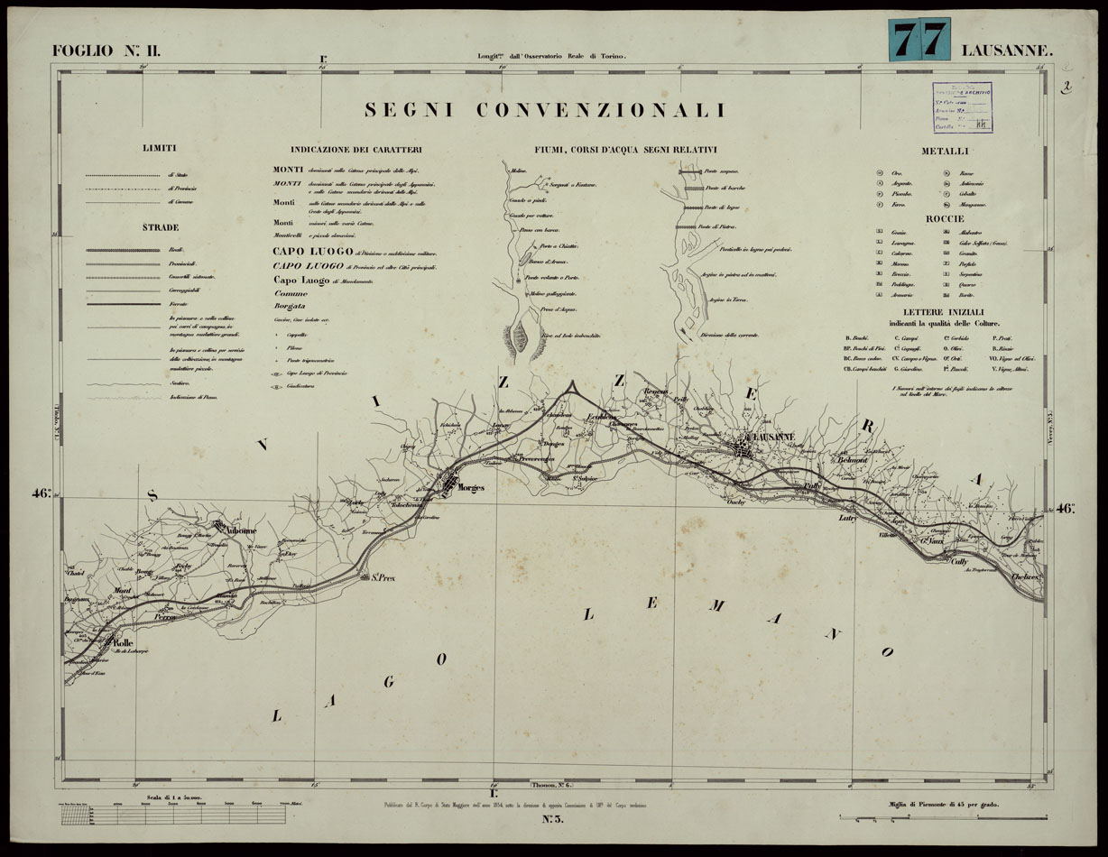 (N:24032) CARTA TOPOGRAFICA DEGLI STATI IN TERRAFERMA DI S.M. IL RE DI SARDEGNA ALLA SCALA DI 1A 50.000. OPERA DEL CORPO REALE DELLO STATO MAGGIORE - FOGLIO N. II  LAUSANNE SEGNI CONVENZIONALI (CA003593) Carte e stampe antiche: riproduzione a colori su carta (formato A1)