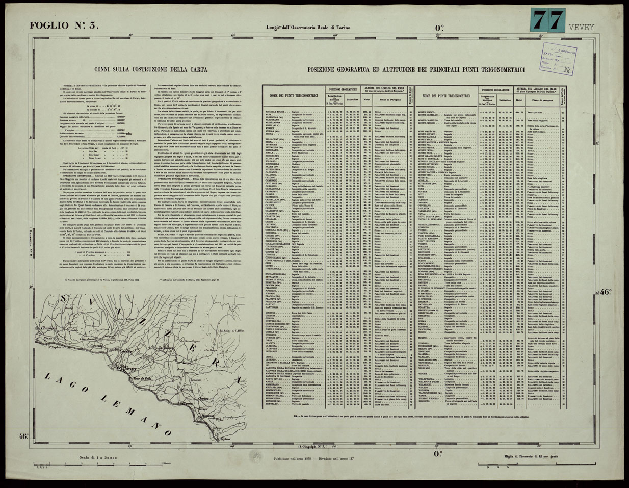 (N:24033) CARTA TOPOGRAFICA DEGLI STATI IN TERRAFERMA DI S.M. IL RE DI SARDEGNA ALLA SCALA DI 1A 50.000. OPERA DEL CORPO REALE DELLO STATO MAGGIORE - FOGLIO N.3 VEVEY (CA003594) Carte e stampe antiche: riproduzione a colori su carta (formato A1)