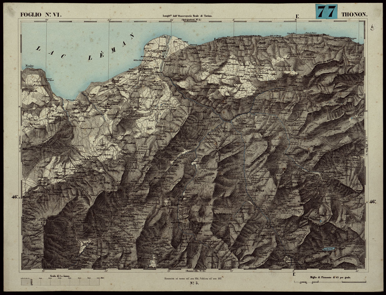 (N:24036) CARTA TOPOGRAFICA DEGLI STATI IN TERRAFERMA DI S.M. IL RE DI SARDEGNA ALLA SCALA DI 1A 50.000. OPERA DEL CORPO REALE DELLO STATO MAGGIORE - FOGLIO N.VI THONON (CA003597) Carte e stampe antiche: riproduzione a colori su carta (formato A1)