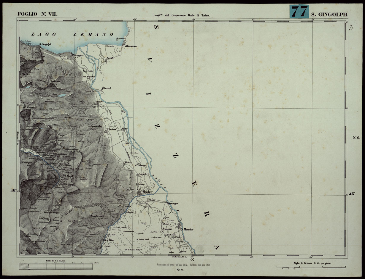 (N:24037) CARTA TOPOGRAFICA DEGLI STATI IN TERRAFERMA DI S.M. IL RE DI SARDEGNA ALLA SCALA DI 1A 50.000. OPERA DEL CORPO REALE DELLO STATO MAGGIORE - FOGLIO N.VII S. GINGOLPH (CA003598) Carte e stampe antiche: riproduzione a colori su carta (formato A1)