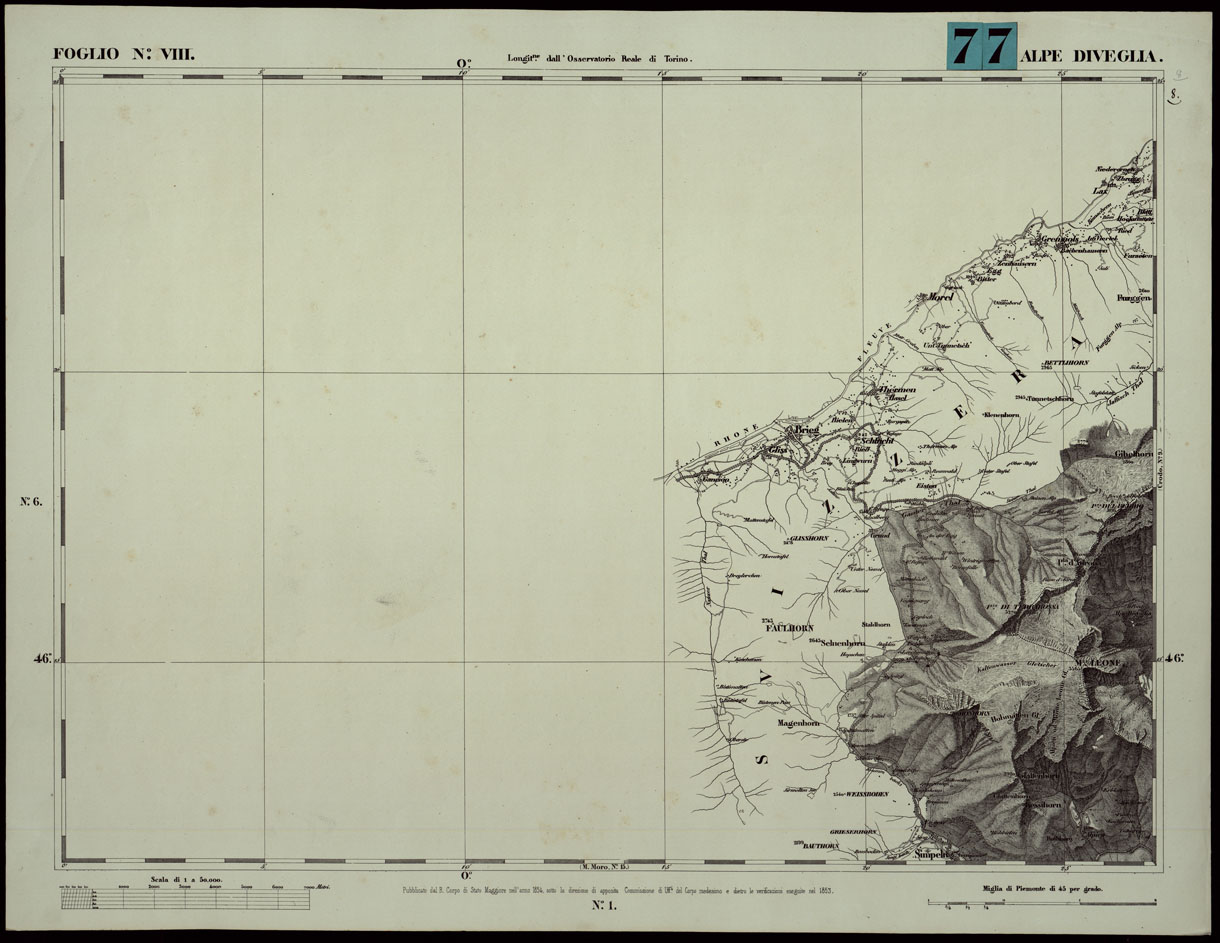 (N:24038) CARTA TOPOGRAFICA DEGLI STATI IN TERRAFERMA DI S.M. IL RE DI SARDEGNA ALLA SCALA DI 1A 50.000. OPERA DEL CORPO REALE DELLO STATO MAGGIORE - FOGLIO N.VIII ALPE DIVEGLIA (CA003599) Carte e stampe antiche: riproduzione a colori su carta (formato A1)