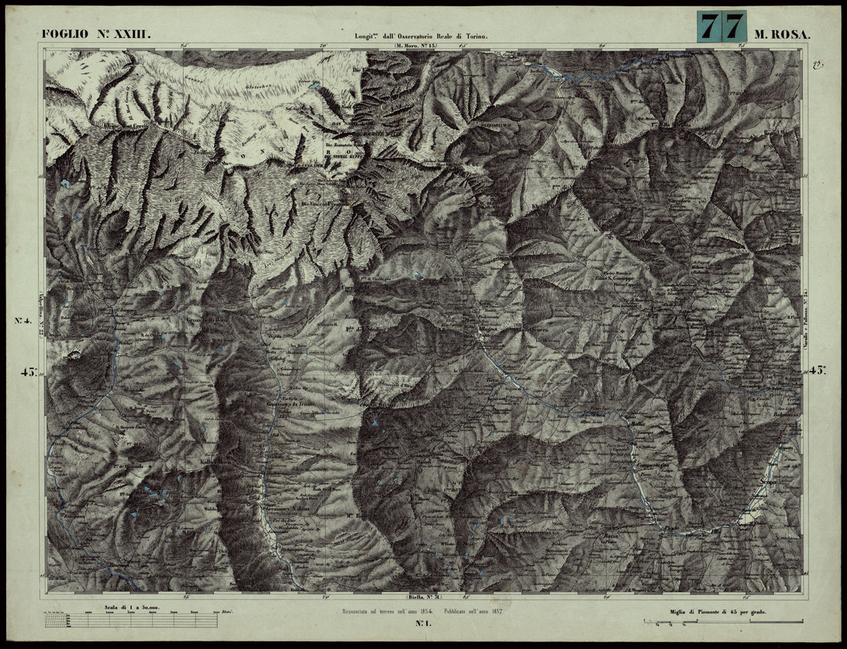 (N:24051) CARTA TOPOGRAFICA DEGLI STATI IN TERRAFERMA DI S.M. IL RE DI SARDEGNA ALLA SCALA DI 1A 50.000. OPERA DEL CORPO REALE DELLO STATO MAGGIORE - FOGLIO N.XXIII MONTE ROSA (CA003612) Carte e stampe antiche: riproduzione a colori su carta (formato A1)
