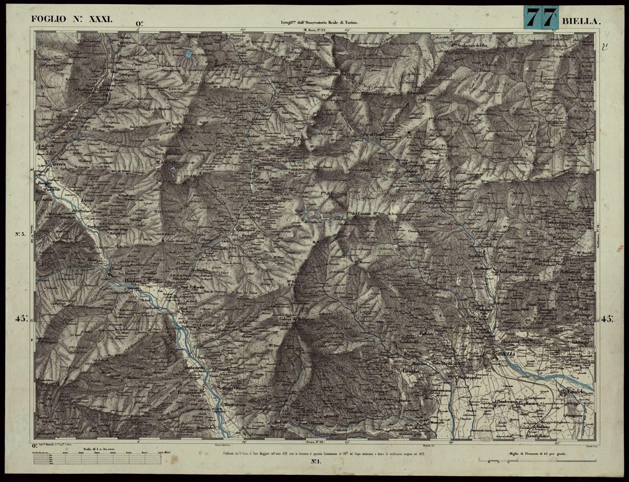 (N:24059) CARTA TOPOGRAFICA DEGLI STATI IN TERRAFERMA DI S.M. IL RE DI SARDEGNA ALLA SCALA DI 1A 50.000. OPERA DEL CORPO REALE DELLO STATO MAGGIORE - FOGLIO N.XXXI BIELLA (CA003620) Carte e stampe antiche: riproduzione a colori su carta (formato A1)