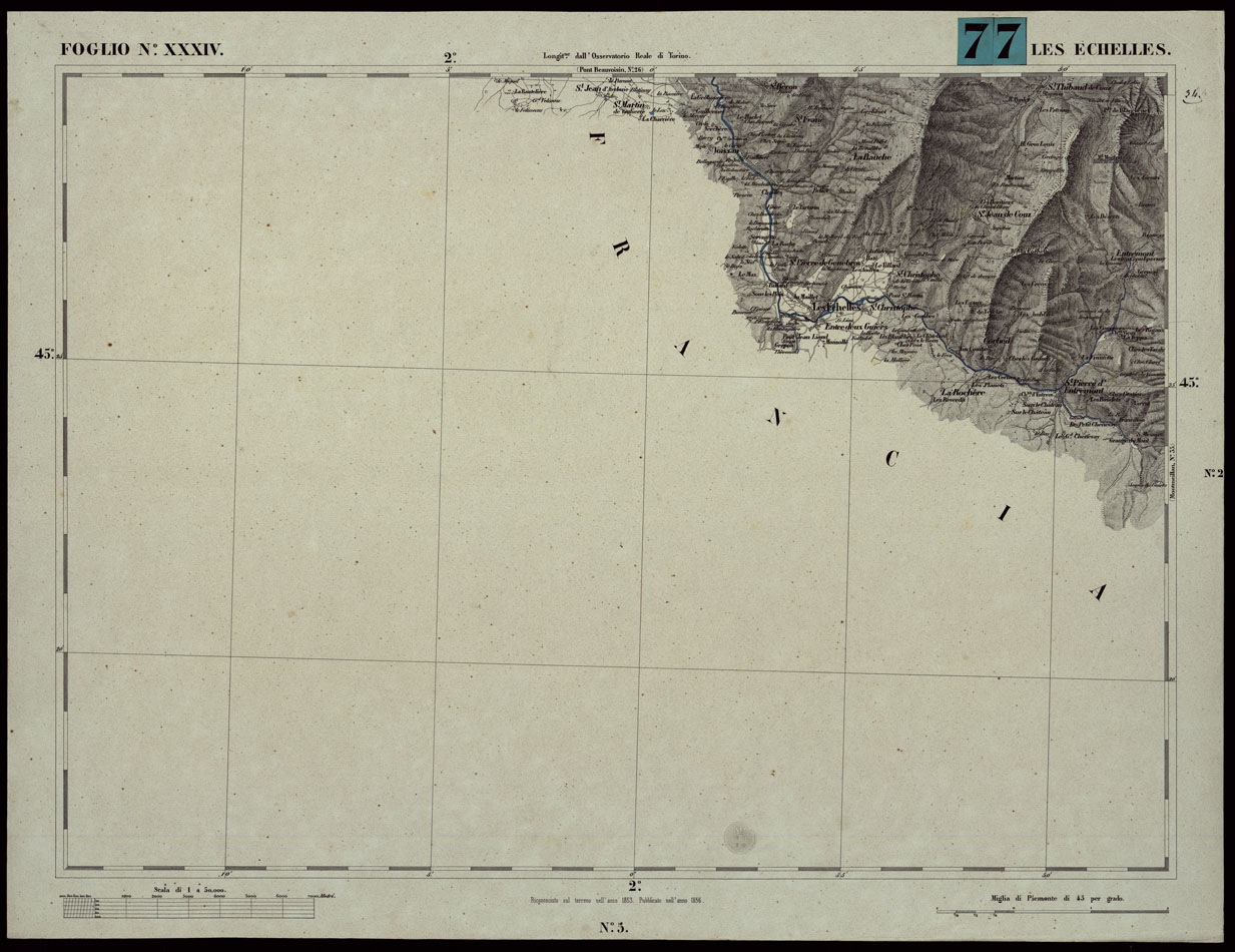 (N:24062) CARTA TOPOGRAFICA DEGLI STATI IN TERRAFERMA DI S.M. IL RE DI SARDEGNA ALLA SCALA DI 1A 50.000. OPERA DEL CORPO REALE DELLO STATO MAGGIORE - FOGLIO N.XXXIV LES ECHELLES (CA003623) Carte e stampe antiche: riproduzione a colori su carta (formato A1)