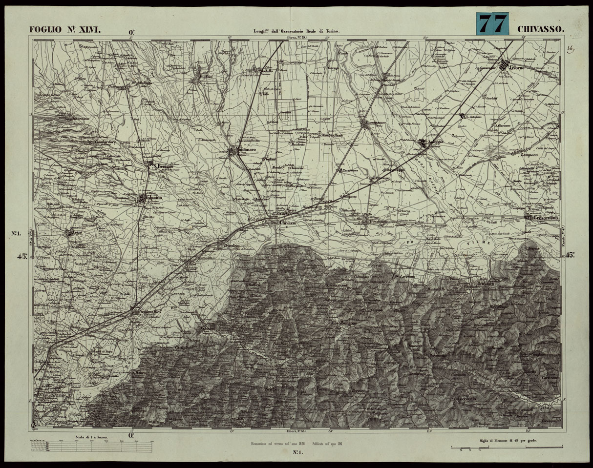 (N:24075) CARTA TOPOGRAFICA DEGLI STATI IN TERRAFERMA DI S.M. IL RE DI SARDEGNA ALLA SCALA DI 1A 50.000. OPERA DEL CORPO REALE DELLO STATO MAGGIORE - FOGLIO N.XLVI  CHIVASSO (CA003635) Carte e stampe antiche: riproduzione a colori su carta (formato A1)