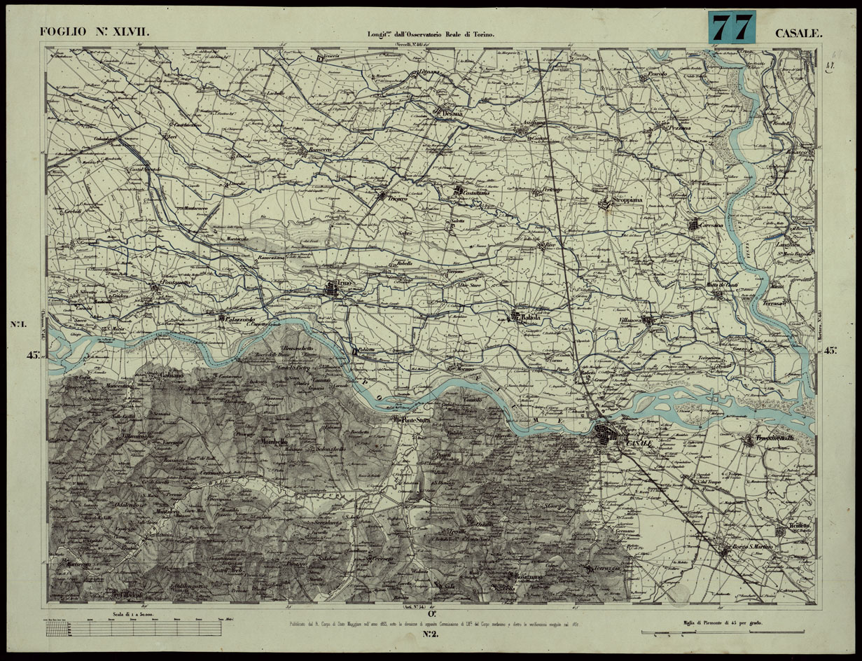 (N:24076) CARTA TOPOGRAFICA DEGLI STATI IN TERRAFERMA DI S.M. IL RE DI SARDEGNA ALLA SCALA DI 1A 50.000. OPERA DEL CORPO REALE DELLO STATO MAGGIORE - FOGLIO N.XLVII CASALE (CA003636) Carte e stampe antiche: riproduzione a colori su carta (formato A1)