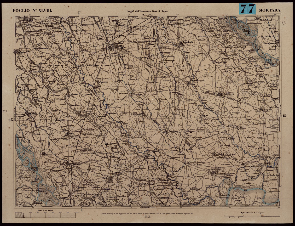 (N:24077) CARTA TOPOGRAFICA DEGLI STATI IN TERRAFERMA DI S.M. IL RE DI SARDEGNA ALLA SCALA DI 1A 50.000. OPERA DEL CORPO REALE DELLO STATO MAGGIORE - FOGLIO N.XLVIII MORTARA (CA003637) Carte e stampe antiche: riproduzione a colori su carta (formato A1)