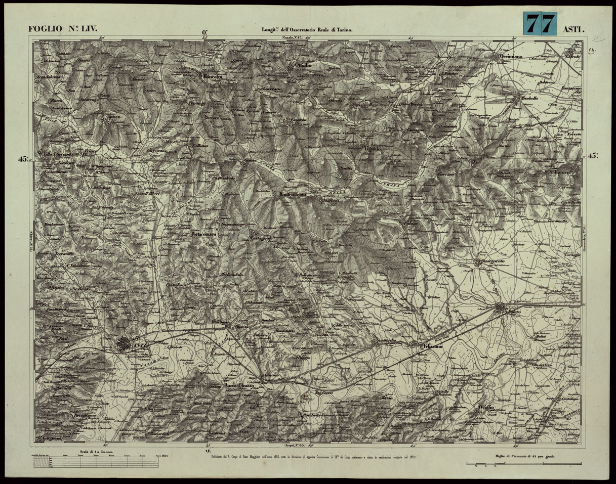 (N:24083) CARTA TOPOGRAFICA DEGLI STATI IN TERRAFERMA DI S.M. IL RE DI SARDEGNA ALLA SCALA DI 1A 50.000. OPERA DEL CORPO REALE DELLO STATO MAGGIORE - FOGLIO N.LIV ASTI (CA003643) Carte e stampe antiche: riproduzione a colori su carta (formato A1)