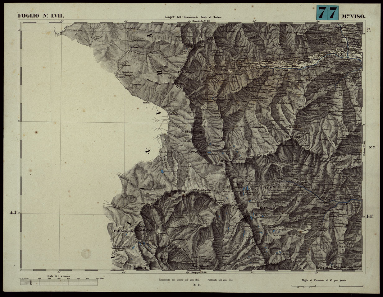 (N:24086) CARTA TOPOGRAFICA DEGLI STATI IN TERRAFERMA DI S.M. IL RE DI SARDEGNA ALLA SCALA DI 1A 50.000. OPERA DEL CORPO REALE DELLO STATO MAGGIORE - FOGLIO N.LVII MONTE VISO (CA003646) Carte e stampe antiche: riproduzione a colori su carta (formato A1)