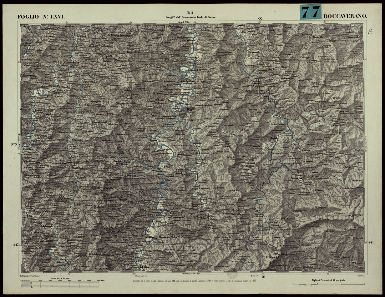 (N:24094) CARTA TOPOGRAFICA DEGLI STATI IN TERRAFERMA DI S.M. IL RE DI SARDEGNA ALLA SCALA DI 1A 50.000. OPERA DEL CORPO REALE DELLO STATO MAGGIORE - FOGLIO N.LXVI ROCCAVERANO (CA003654) Carte e stampe antiche: riproduzione a colori su carta (formato A1)